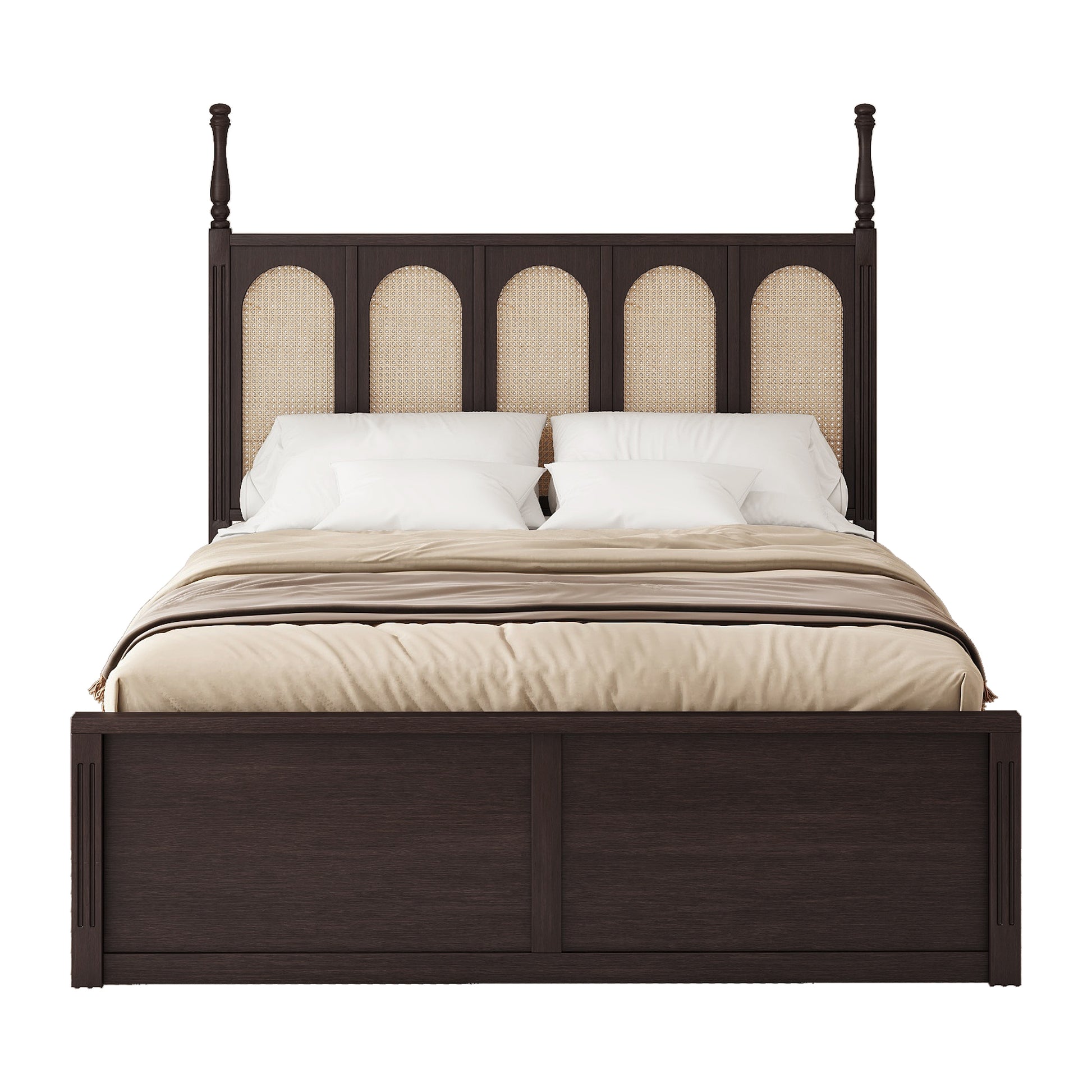 Queen Size Rattan Platform Bed With With 2 Big Drawers, T Size Trundle, Espresso Queen Espresso Plywood