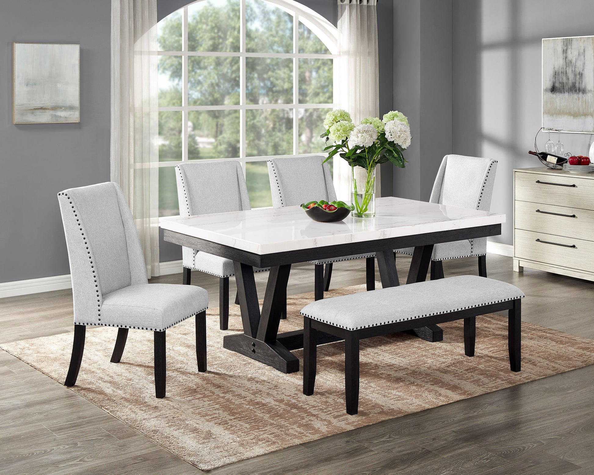 6Pc Dining Set Contemporary Style White Genuine Marble Rectangular Table Top Dove Gray Upholstery Chairs Tufted Bench Black Finish Wooden Solid Wood Dining Room Furniture Wood Wood Gray Seats 6 Wood