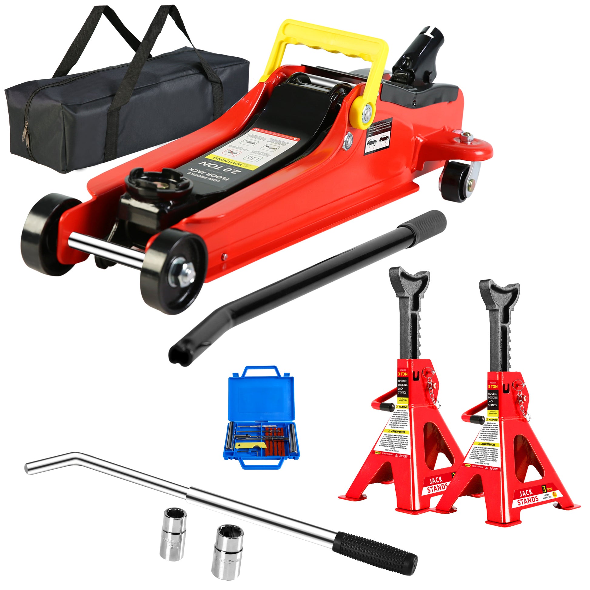 Floor Jack, 2 Ton Low Profile Floor Jack, 3T Jack Stand Tire Repair Kit L Wrench Heavy Duty Steel Racing Floor Jack With Single Piston Quick Lift Pump, Floor Jack Lifting Range 3.3" 15.2" Red Steel