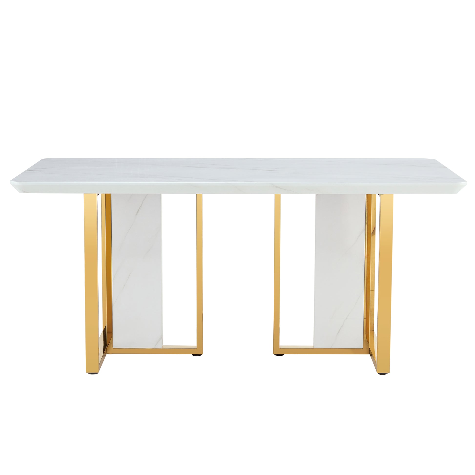 Table And Chair Set.67"X36" White Marble Pattern Mdf Dining Table Set With 8 White Pu Chairs.Mdf Sticker,White Marble Pattern Sticker,Gold C Tube Chair Legs,Suitable For Kitchen,Dining Room,Etc.