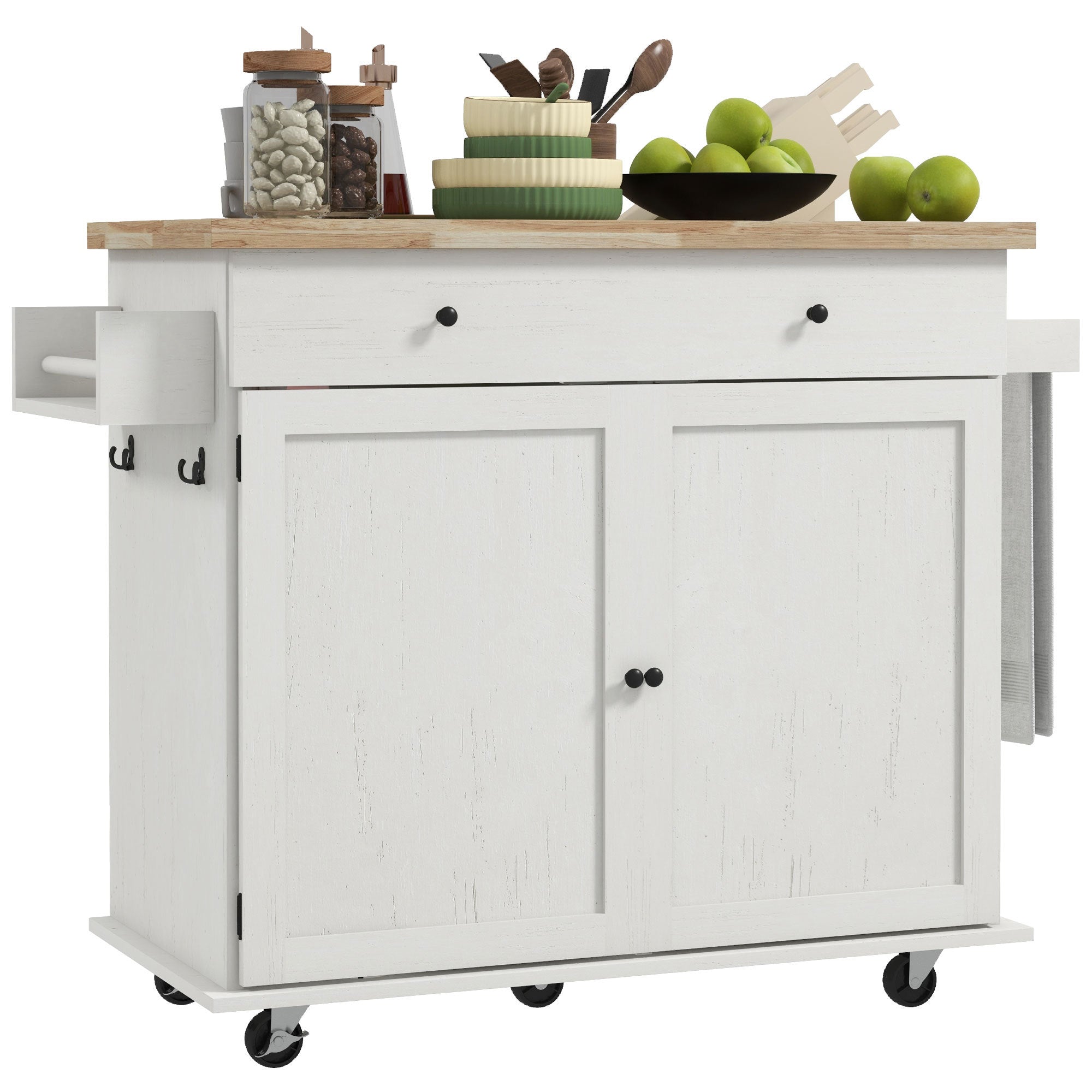 Homcom Kitchen Island With Storage, Farmhouse Rolling Kitchen Island Cart On Wheels With Drawer, 2 Cabinets, Rubberwood Top, Spice Rack, Towel Racks And 2 Hooks, Distressed White White Wood