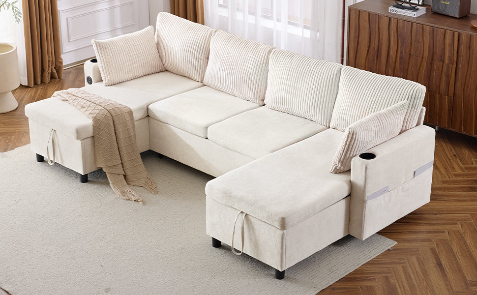 111.8" Sectional Sofa Pull Out Sofa Bed Versatile Sofa Sleeper With Large Storage Space, Two Usb Ports And Two Cup Holders For Living Room, Beige Beige Foam Chenille 4 Seat