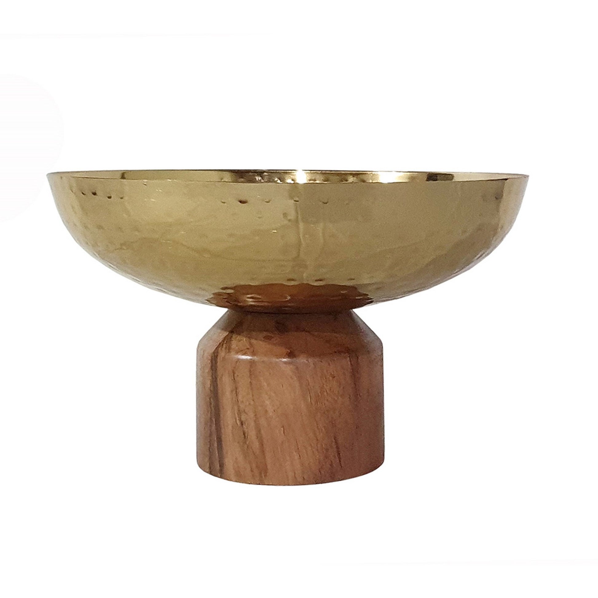 Roe 10 Inch Medium Acacia Wood Table Bowl, Steel, Decorative, Gold, Brown Gold Wood Metal