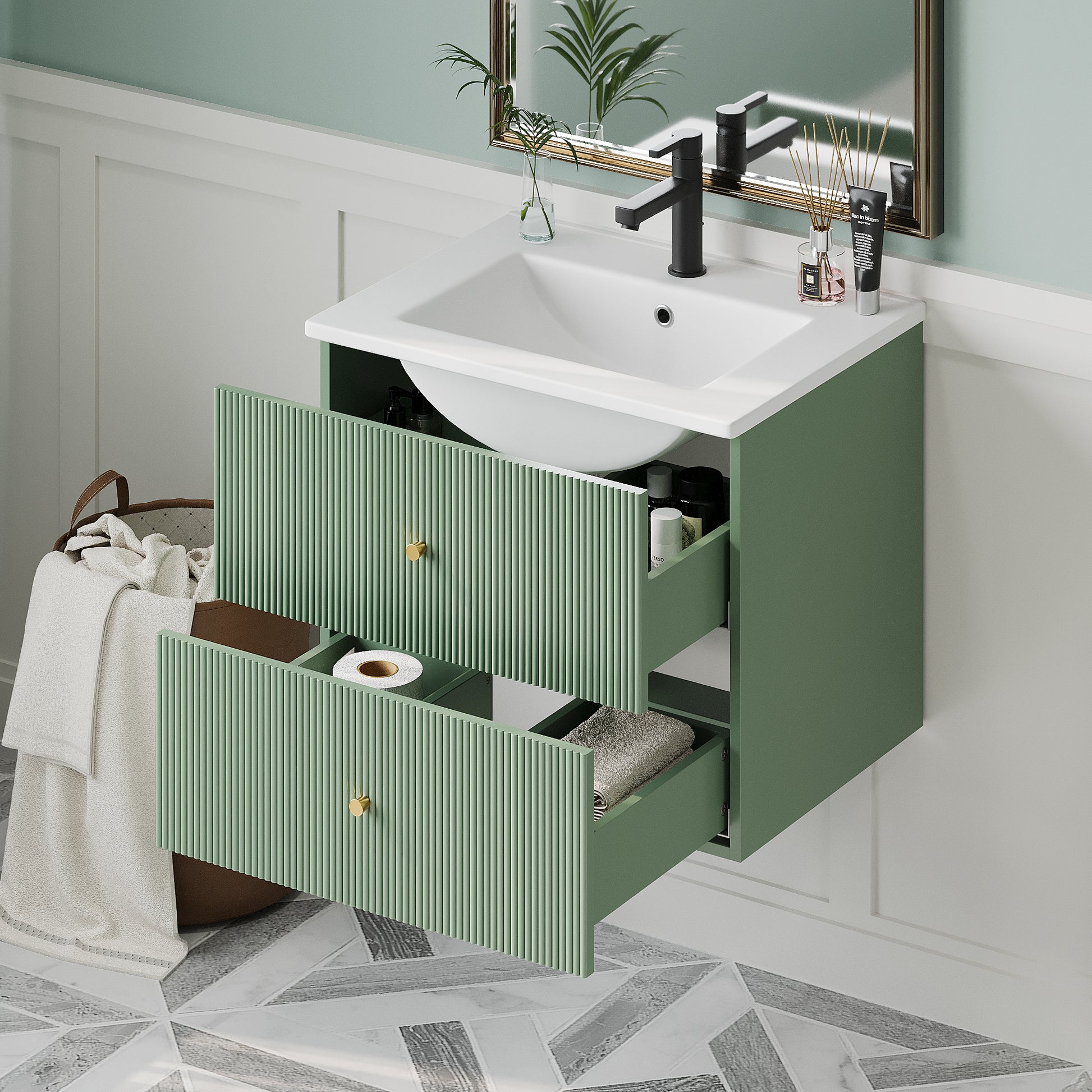 24 Inch Wall Mounted Bathroom Vanity With 2 Drawers Ideal For Small Bathrooms Green Bathroom Mdf