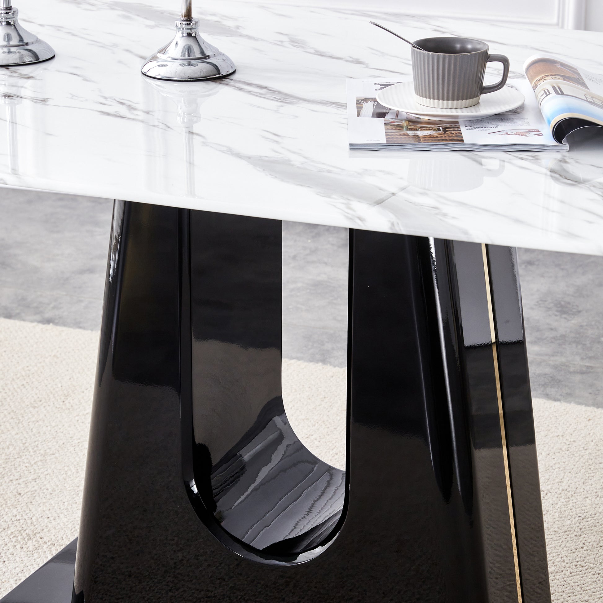 Table And Chair Set, Modern And Minimalist Dining Table, Imitation Marble Patterned Tabletop, Mdf Legs With U Shaped Brackets. Paired With Comfortable Chairs, Suitable For Dining And Living Rooms. Black Gold Mdf Glass