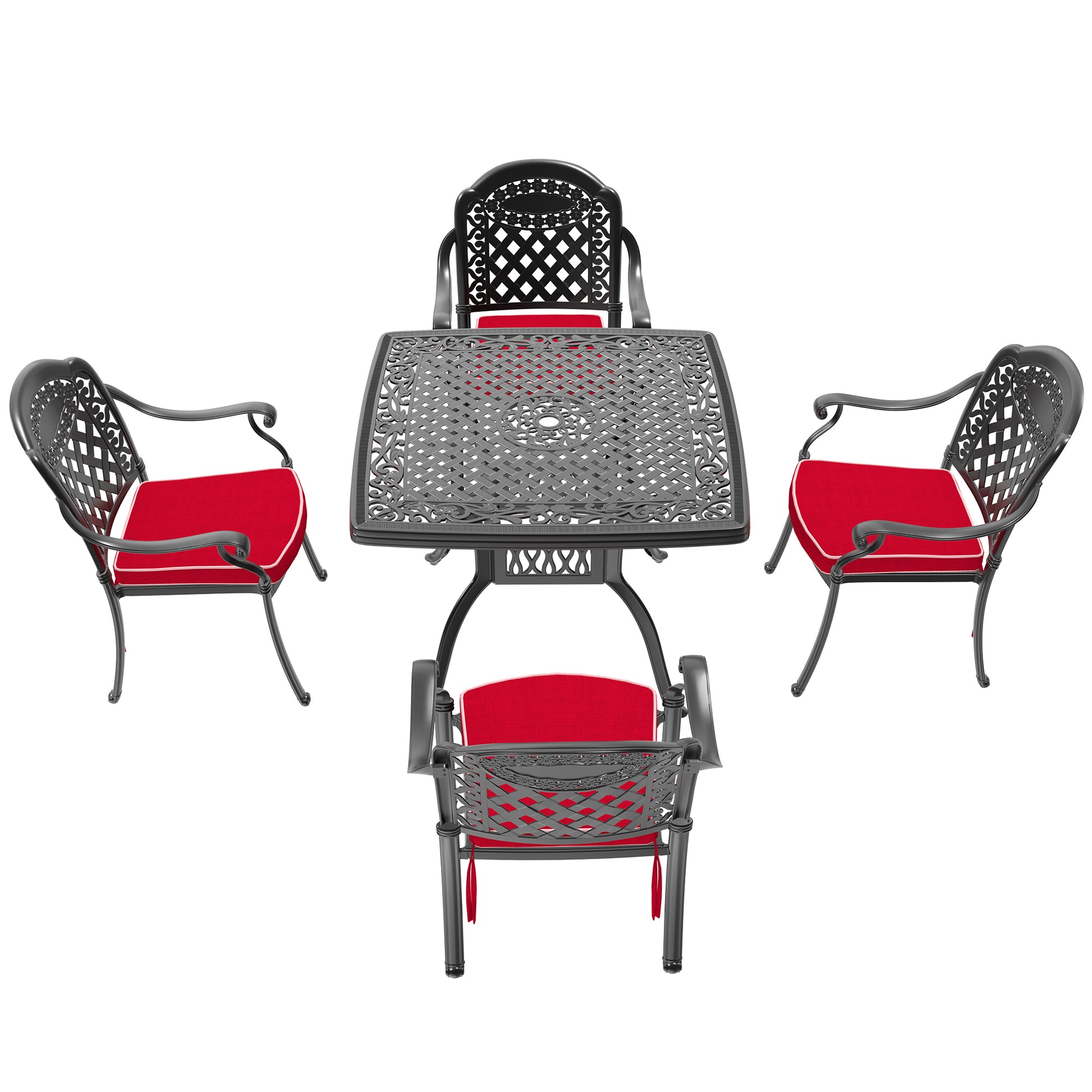 Cushions In Random Colors 5 Piece Set Of Cast Aluminum Patio Furniture With Cushions Yes Dining Set Black Seats 4 Rust Resistant Frame Water Resistant Cushion Garden & Outdoor Complete Patio Sets Aluminium