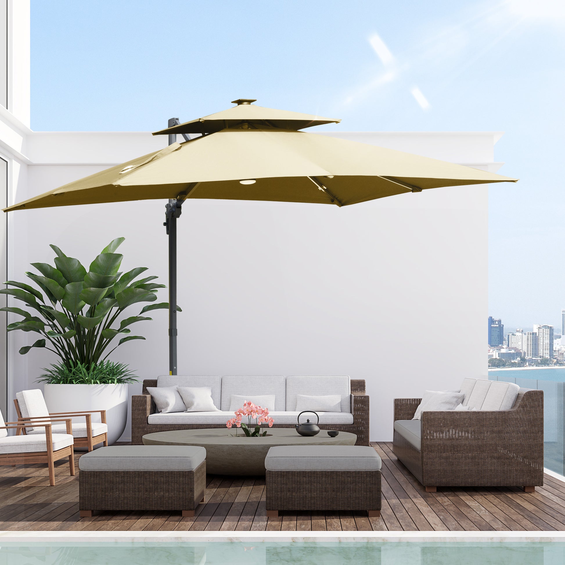 Outsunny 10Ft Cantilever Patio Umbrella With Solar Led Lights & Power Bank, Double Top Outdoor Offset Umbrella With 360 Rotation, Tilt, Crank & Cross Base For Garden, Khaki Khaki Aluminium