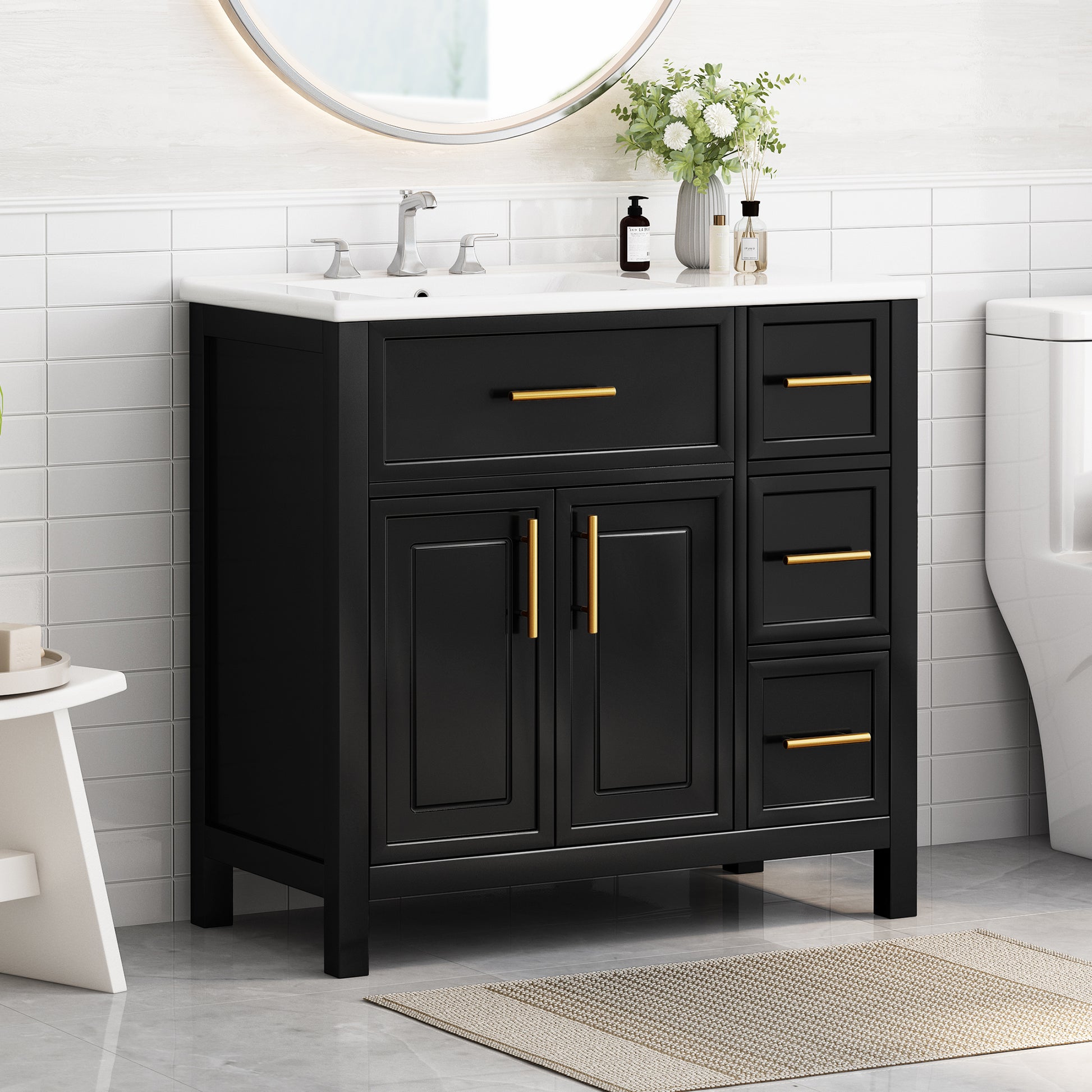 36" Bathroom Vanity With Sink Top, Bathroom Vanity Cabinet With Two Doors And Three Drawers, Solid Woodmdf Boards ,One Package, Black Black Solid Wood Mdf