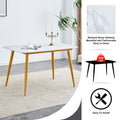 Table And Chair Set.A Morden Table With White Imitation Marble Patterned Stone Burning Tabletop With Golden Metal Legs.Paried With 4 Chairs With Pu Leather Backrest And Black Metal Legs. Grey Brown,White Gold Seats 4 Metal,Sintered Stone