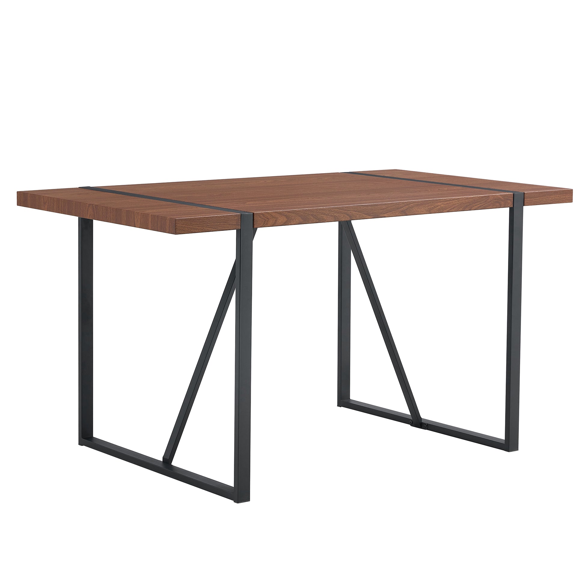 Industrial Rectangular Mdf Walnut Color Wood Grain Dining Table For 4 6 People With 1.5 Inch Thick Mdf Top And Black Metal Legs For Desks, Kitchens, Patios, Dining Rooms. Walnut Mdf