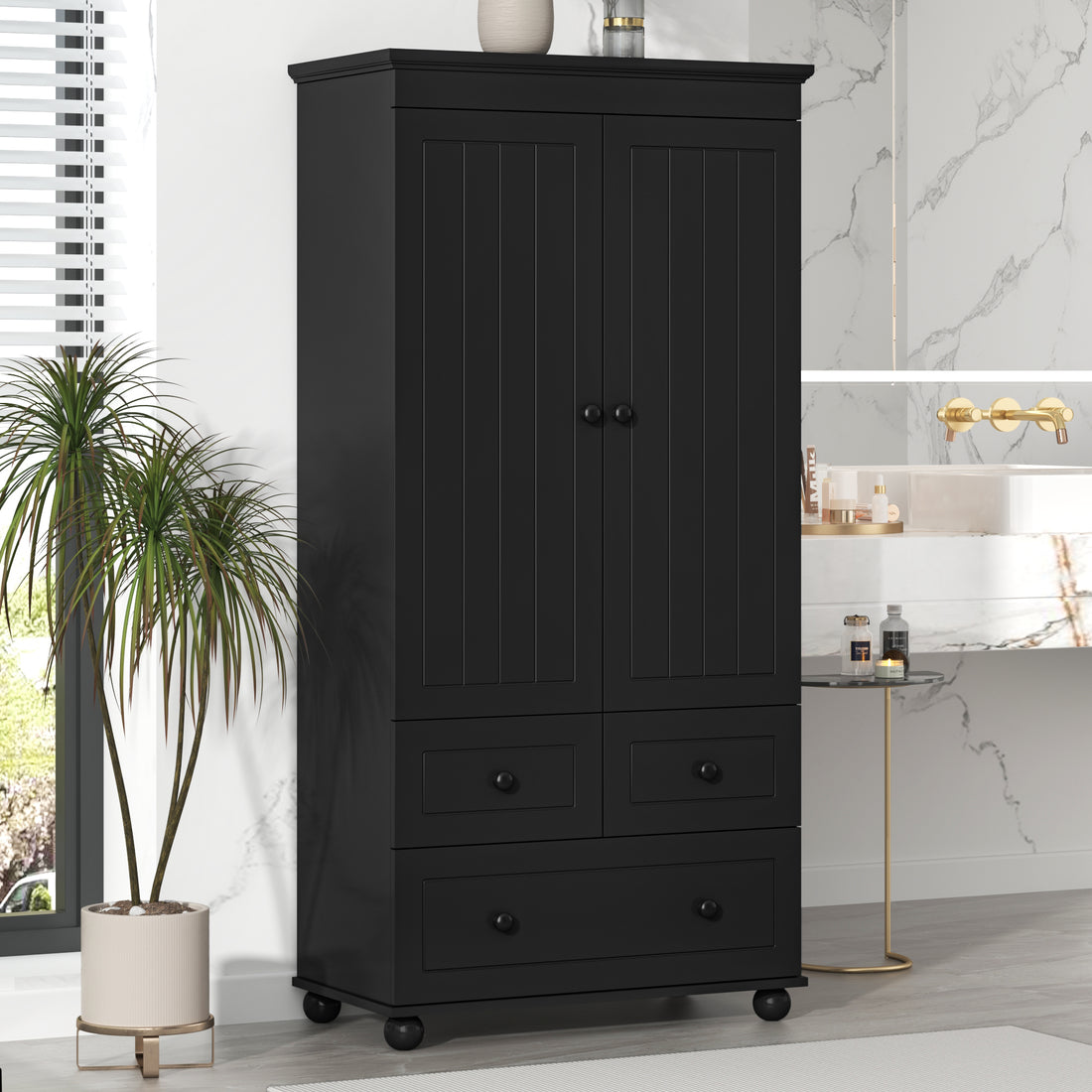 Tall Storage Cabinet With Three Drawers For Bathroom Office, Black Black Mdf