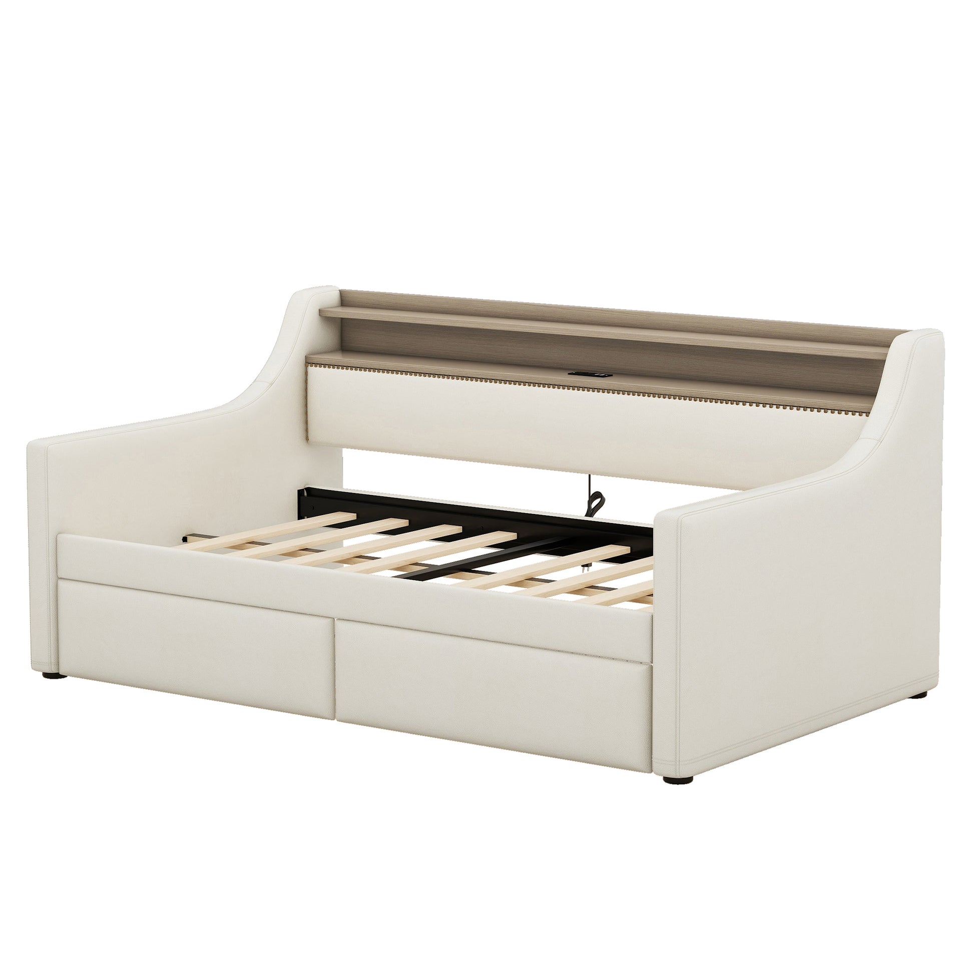 Twin Size Daybed With Storage Drawers, Upholstered Daybed With Charging Station And Led Lights, Beige Expect Arrive Date: Jun.,20Th. Twin Beige Pu Leather