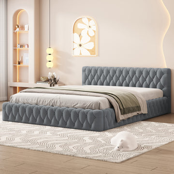 Queen Size Velvet Upholstered Platform Bed, With Luxurious Diamond Grid Headboard,Gray Queen Gray Plywood