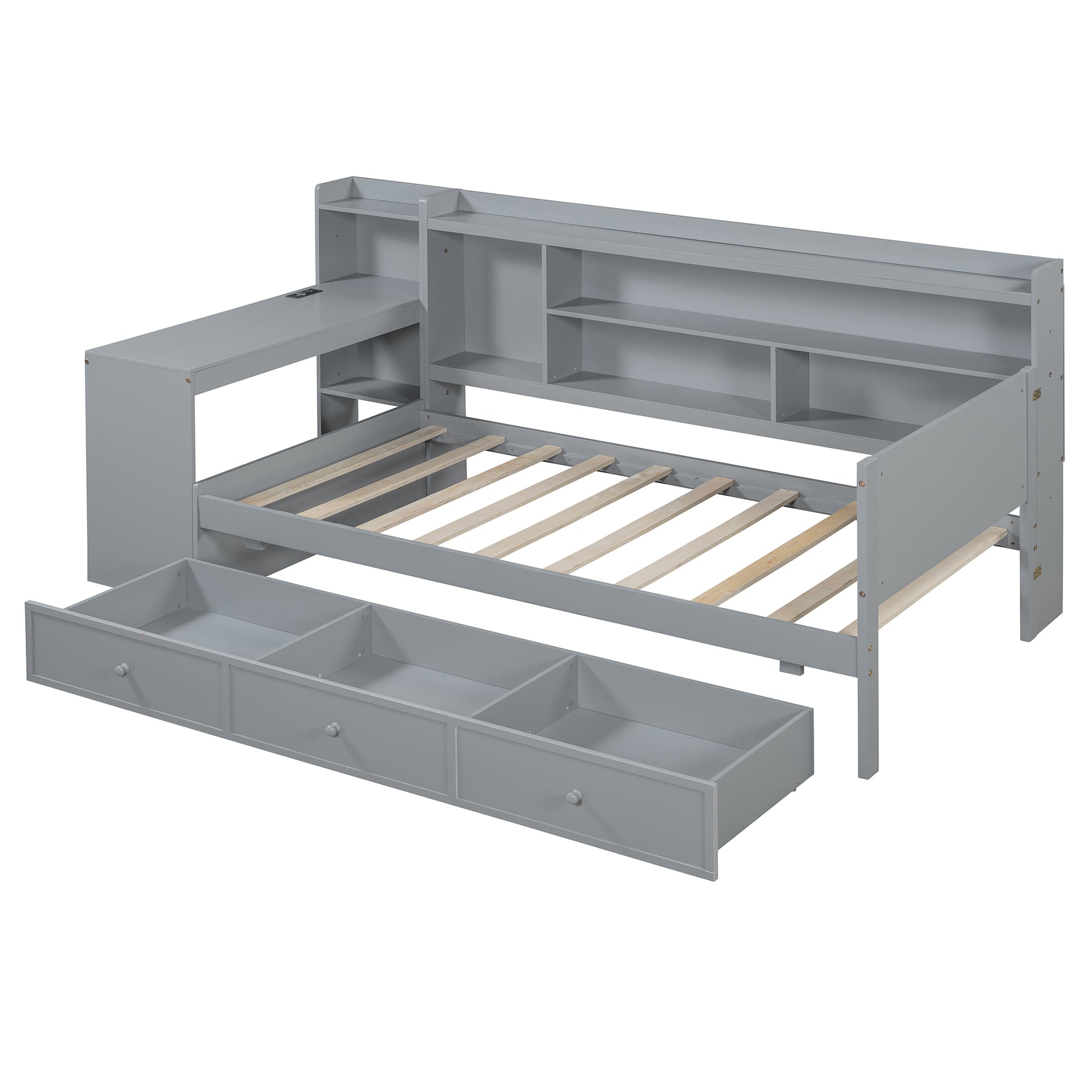 Twin Size Wooden Daybed With 3 Drawers, Usb Ports And Deskgray Twin Gray Wood