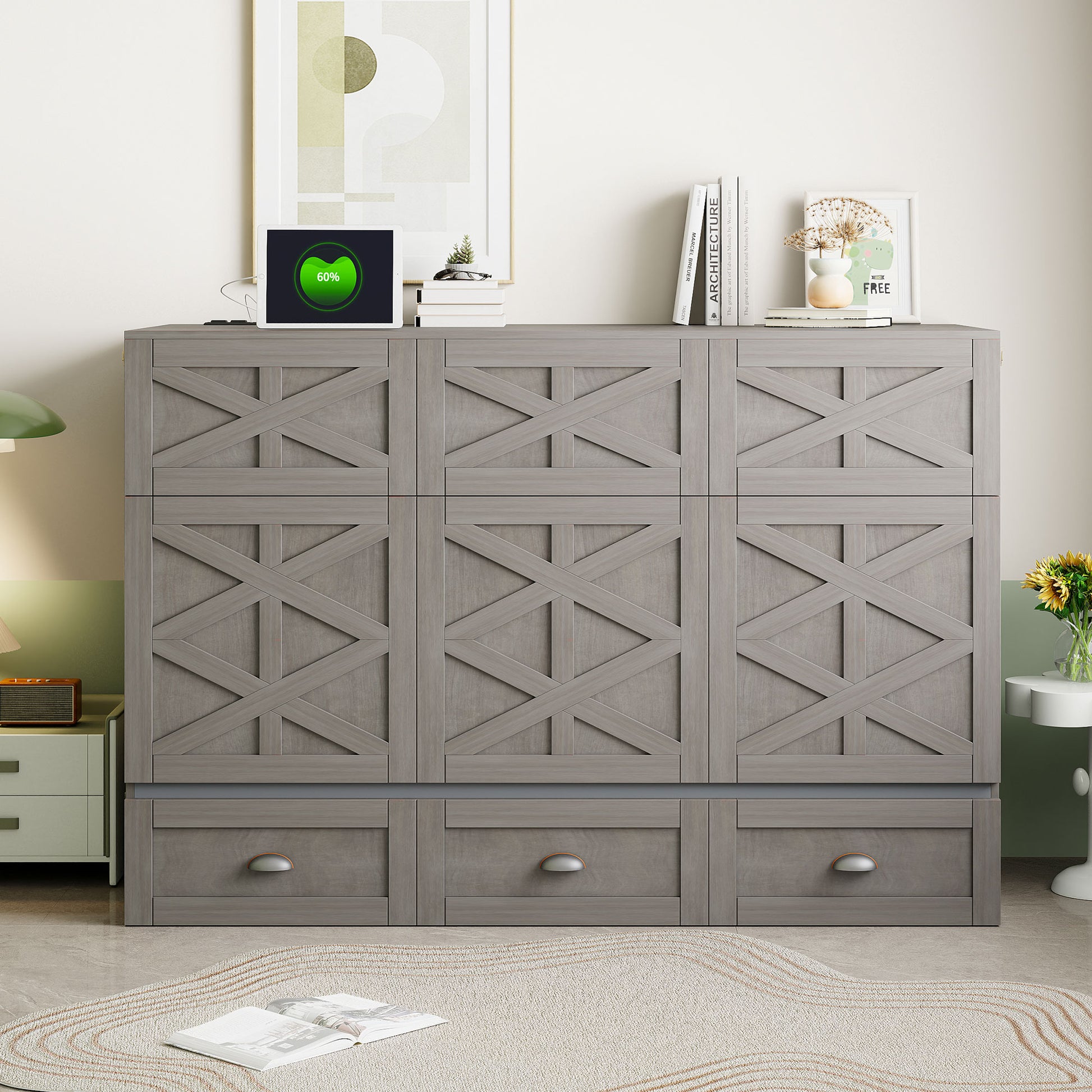 Full Size Murphy Bed With Large Drawers,Brushed Gray Full Gray Plywood