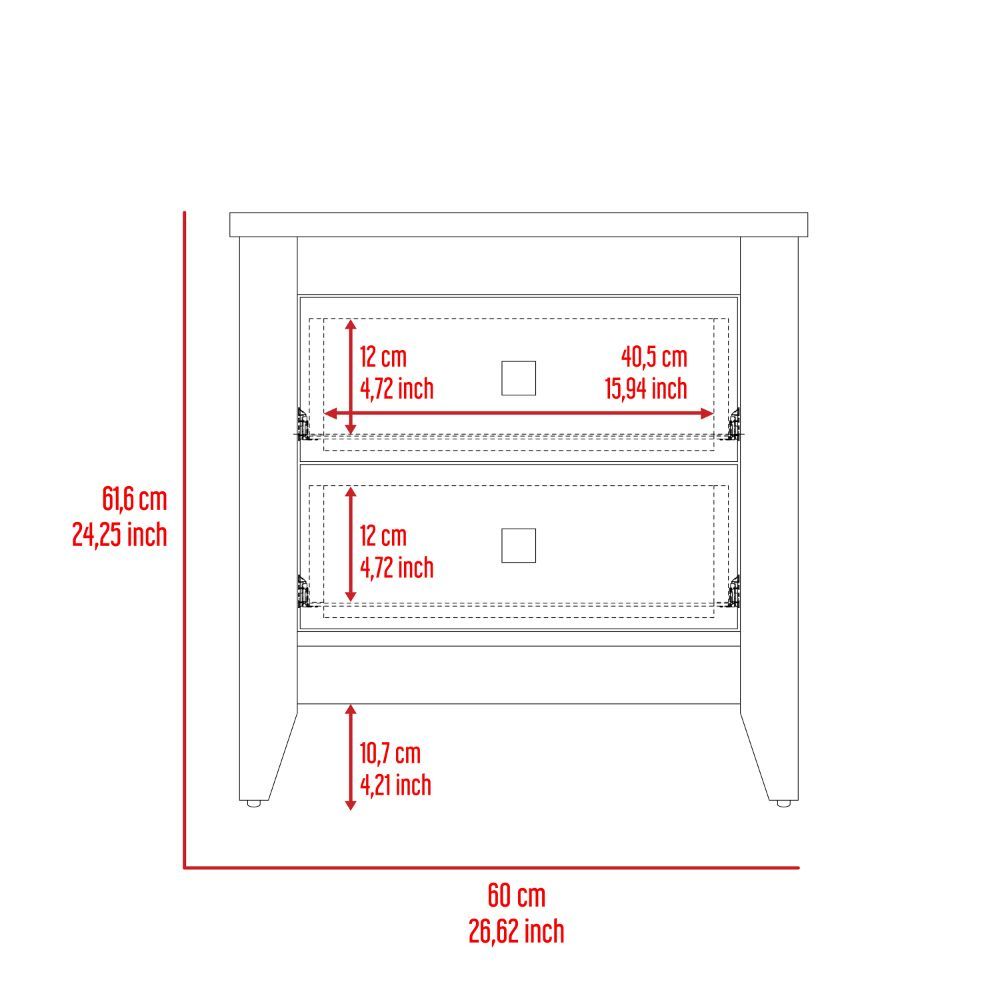 Nightstand 24"H, Two Drawers, Four Legs, Superior Top, White White Particle Board Particle Board