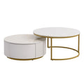 Modern Round Nesting Coffee Table Fluted With Drawer In White & Gold In 31.5'' Golden White Drawers Coffee & End Tables Glossy Round Metal Mdf Pedestal