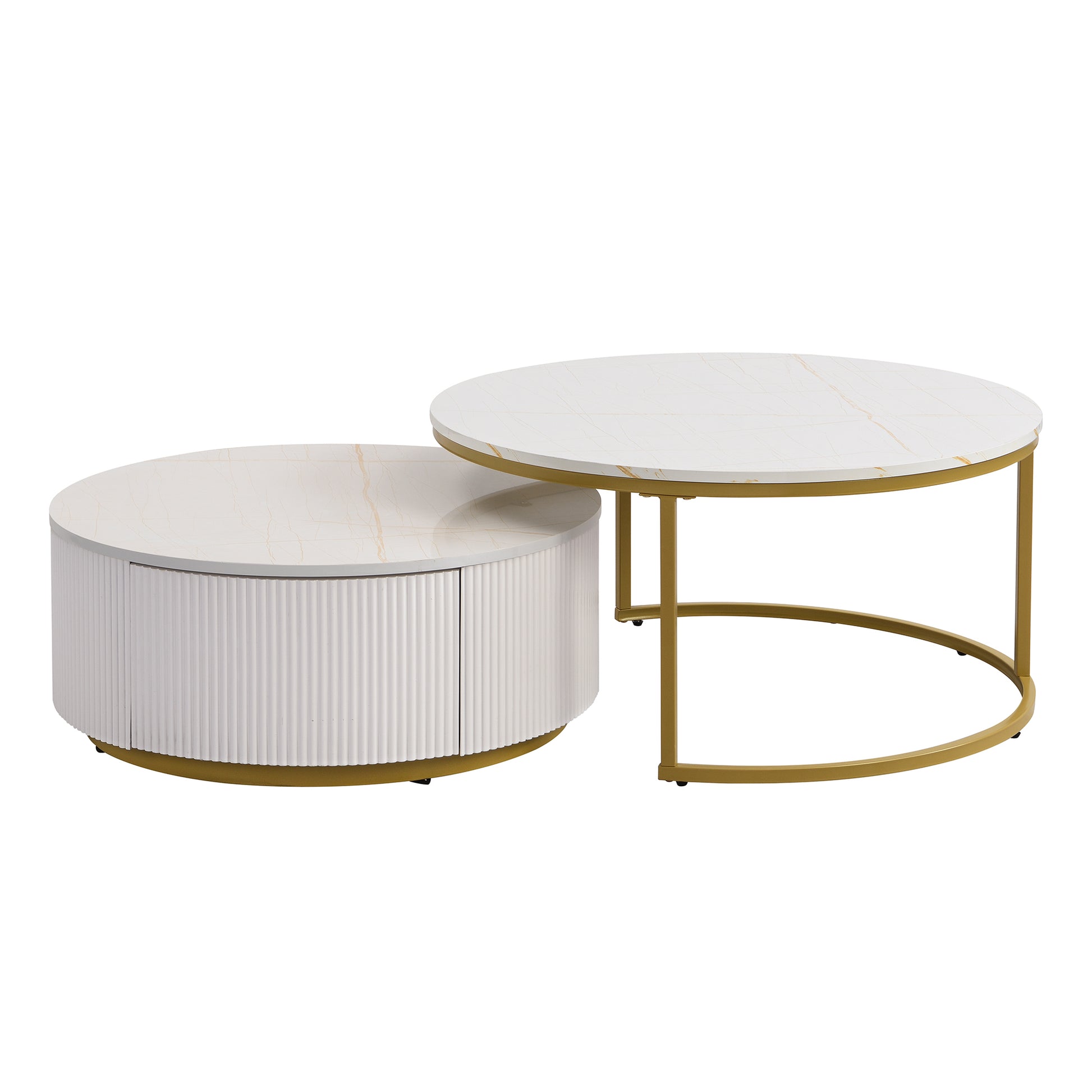 Modern Round Nesting Coffee Table Fluted With Drawer In White & Gold In 31.5'' Golden White Drawers Coffee & End Tables Glossy Round Metal Mdf Pedestal