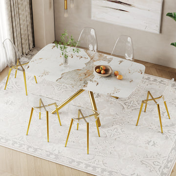 Table And Chair Set.Modern Luxurious White Marble Patterned Tempered Glass Dining Table Set With Transparent Pp Chairs.6 Transparent High Quality Pp Dining Chairs With Golden Legs. White Gold Seats