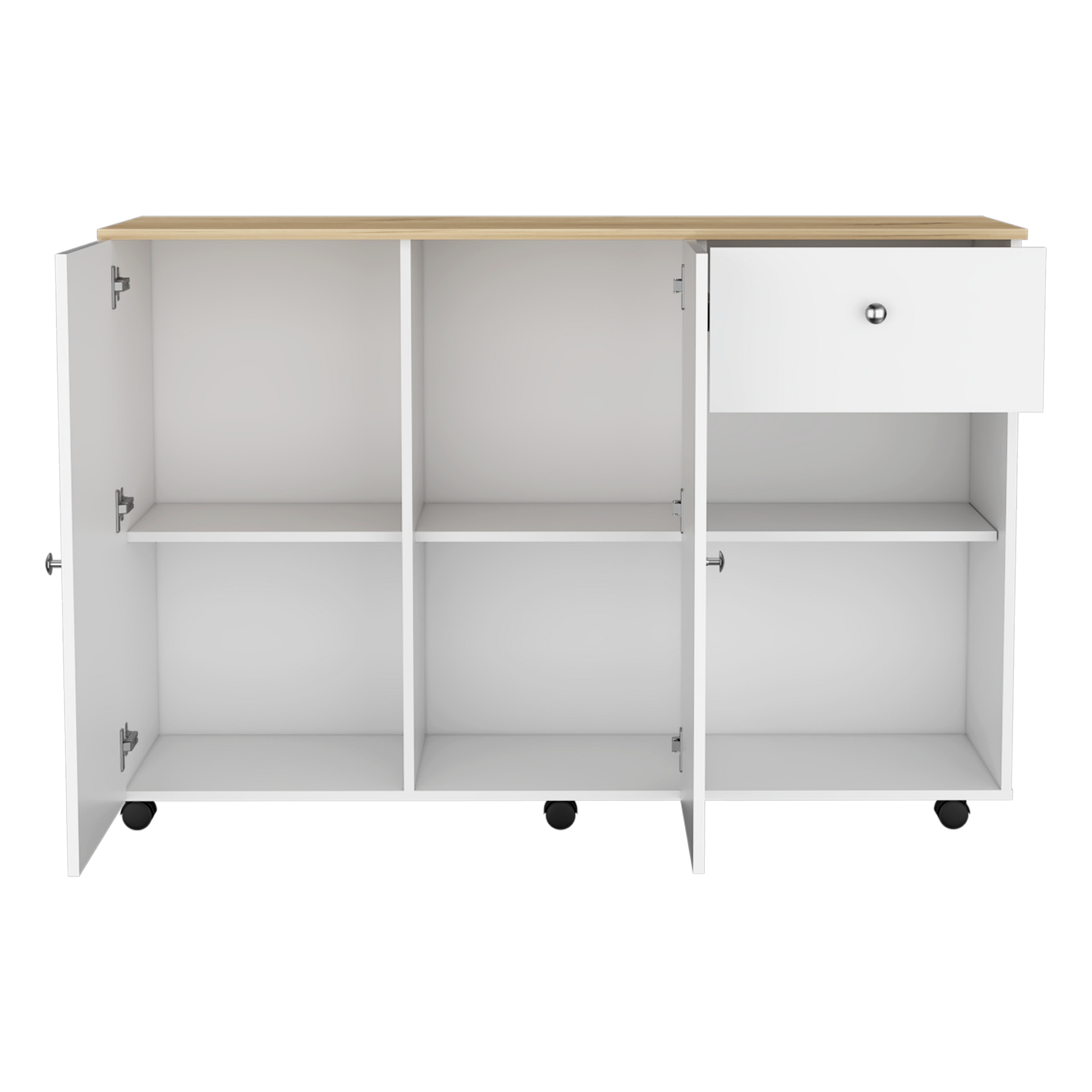 Kitchen Island Cart, Six Carter, One Drawer, Double Door Cabinet, Two External Shelves, Four Interior Shelves, White Pine Multicolor Solid Wood Mdf Engineered Wood