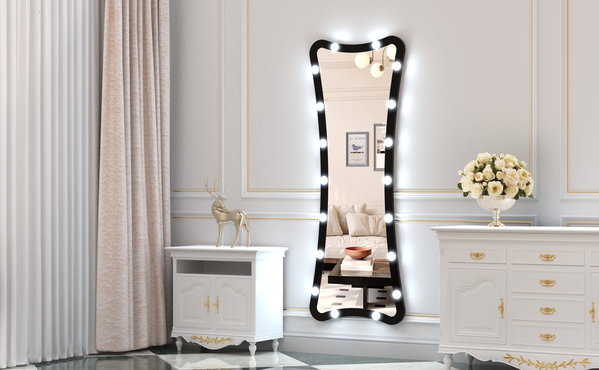 Hollywood Full Length Mirror With Lights Full Body Vanity Mirror With 3 Color Modes Lighted Standing Floor Mirror For Dressing Room Bedroom Wall Mounted Touch Control Black 63X24Inch Black Aluminium