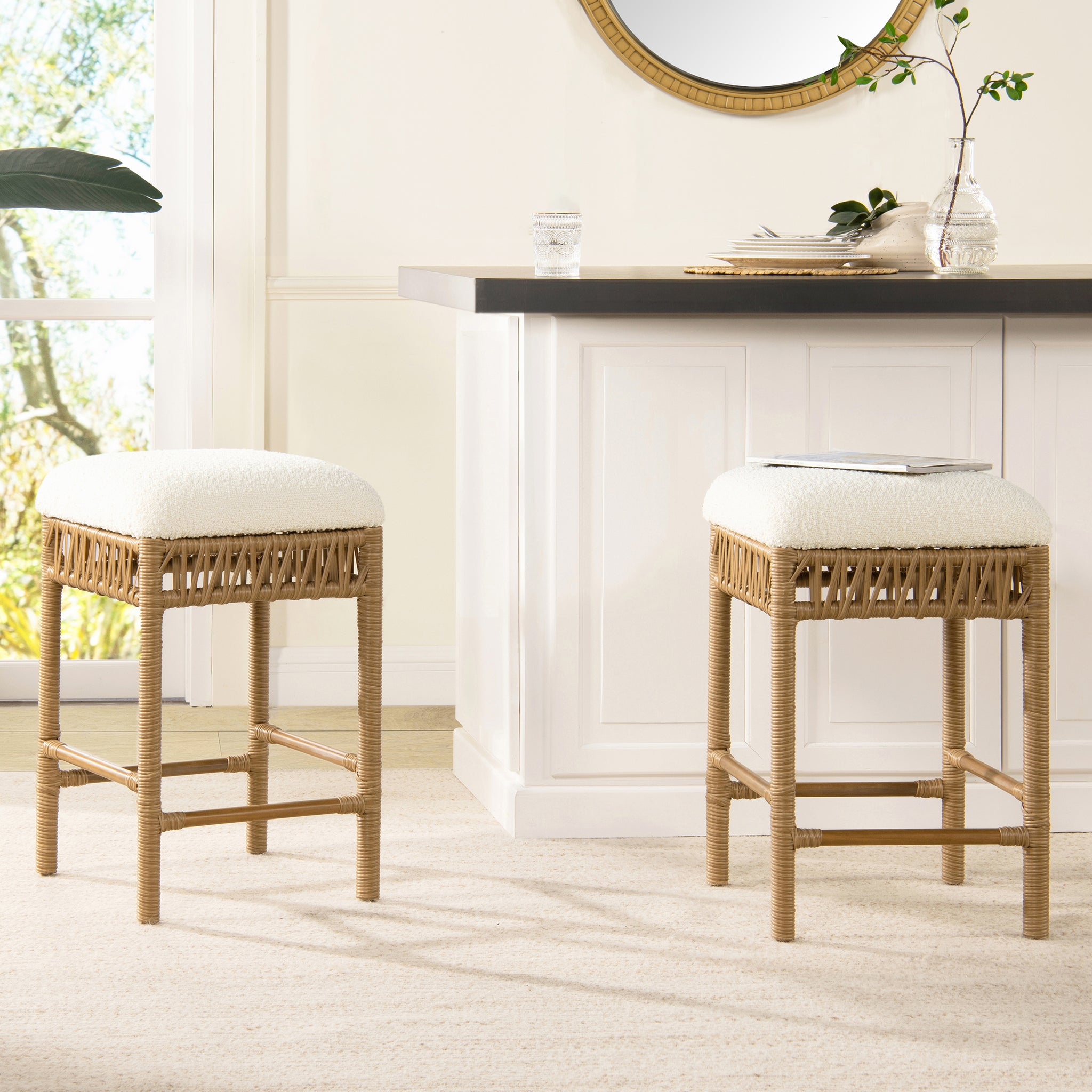 Lucia 25.5" Backless Upholstered Counter Stool With Resin Rattan Frame, Ivory White Boucle White Foam Wood Fabric Rattan