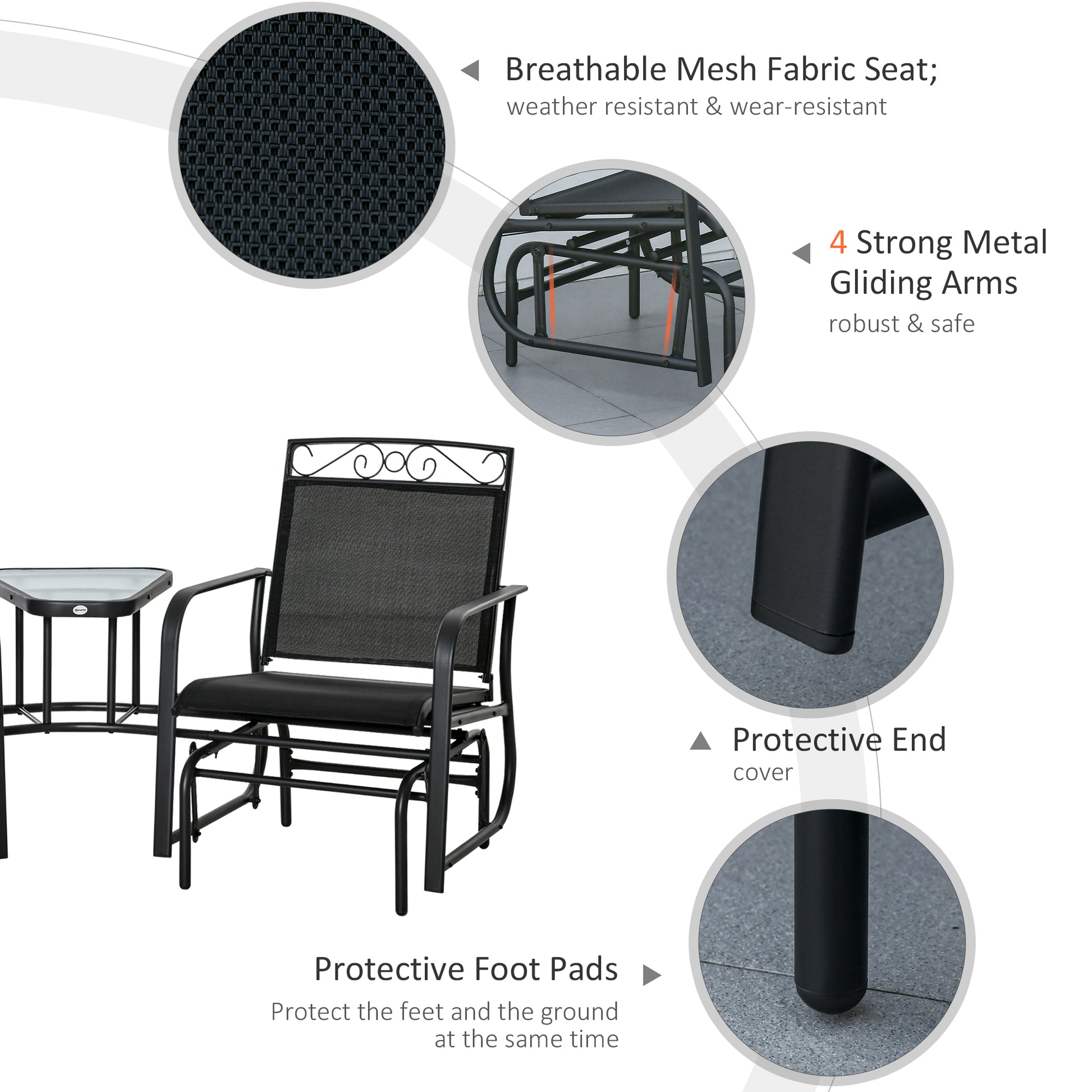 Outsunny Outdoor Glider Chairs With Coffee Table, Patio 2 Seat Rocking Chair Swing Withsling For Backyard, Garden And Porch, Black Black Steel