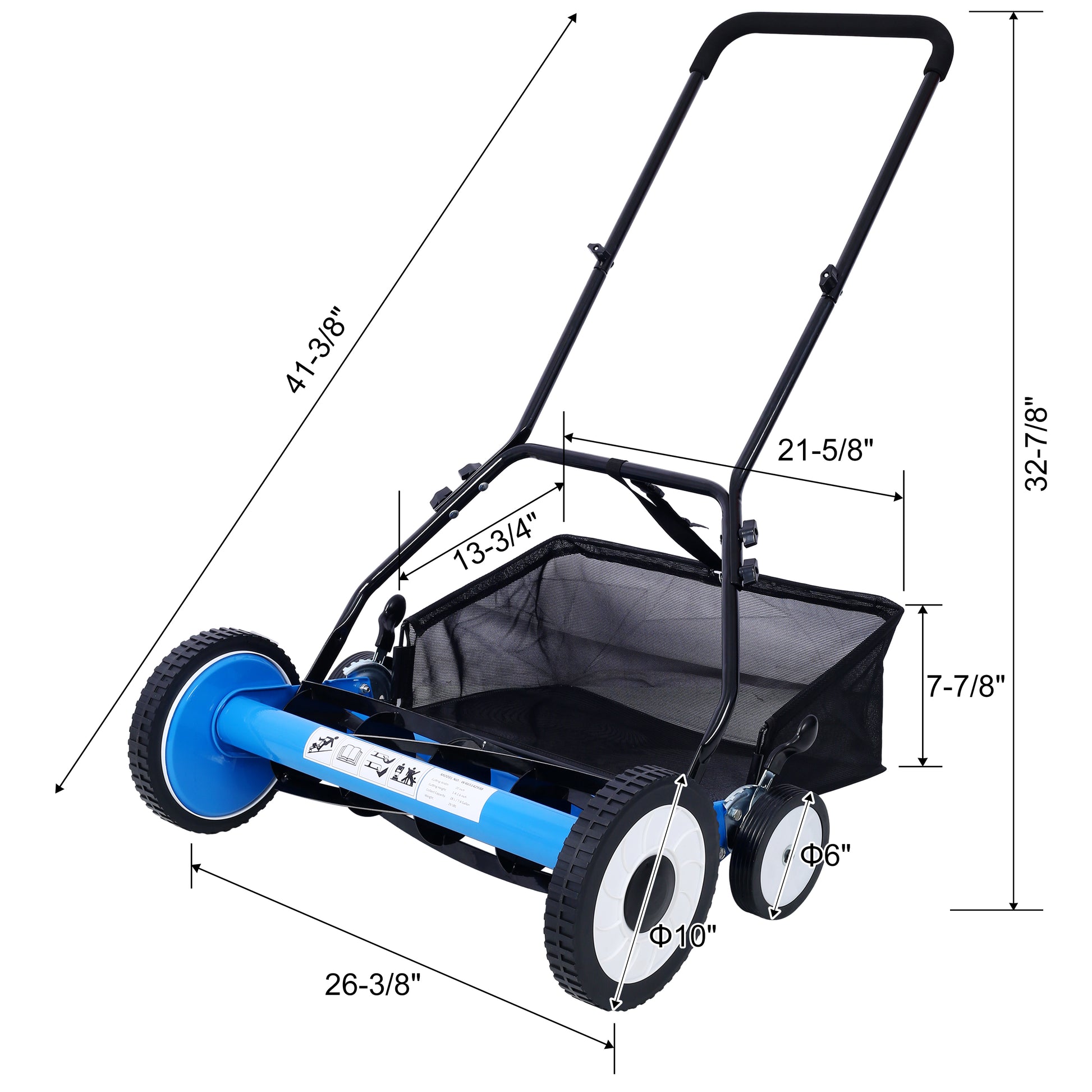 20 Inch 5 Blade Push Reel Lawn Mower With Grass Catcher, 4 Wheels Blue Color Blue Steel