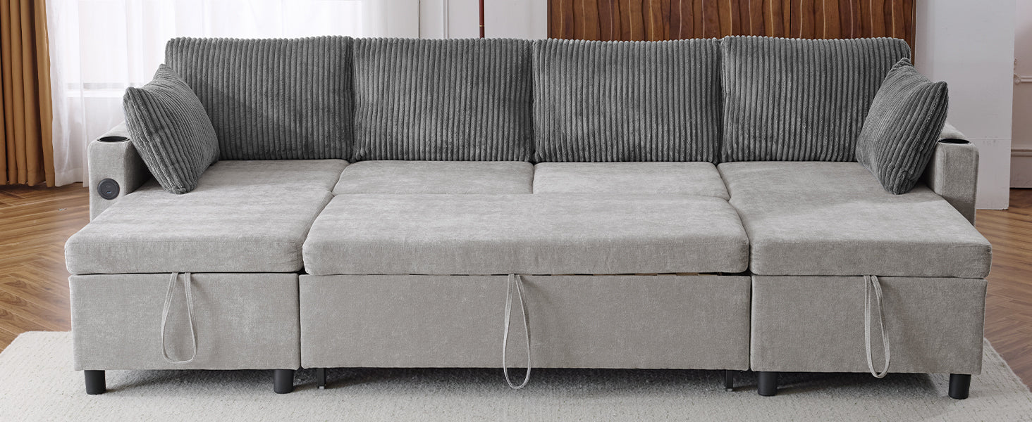 111.8" Sectional Sofa Pull Out Sofa Bed Versatile Sofa Sleeper With Large Storage Space, Two Usb Ports And Two Cup Holders For Living Room, Grey Grey Foam Chenille 4 Seat