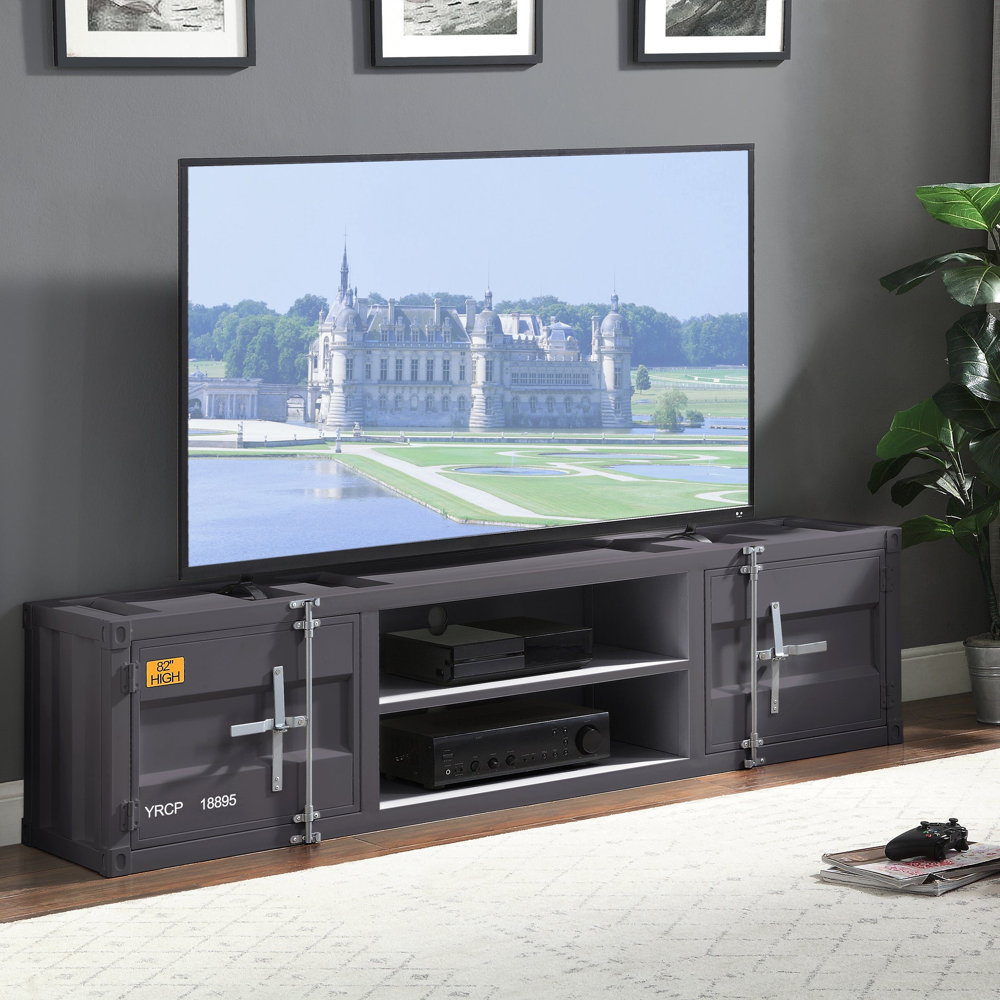 Gunmetal Tv Stand With 2 Open Shelves Gunmetal Primary Living Space 70 79 Inches Metal