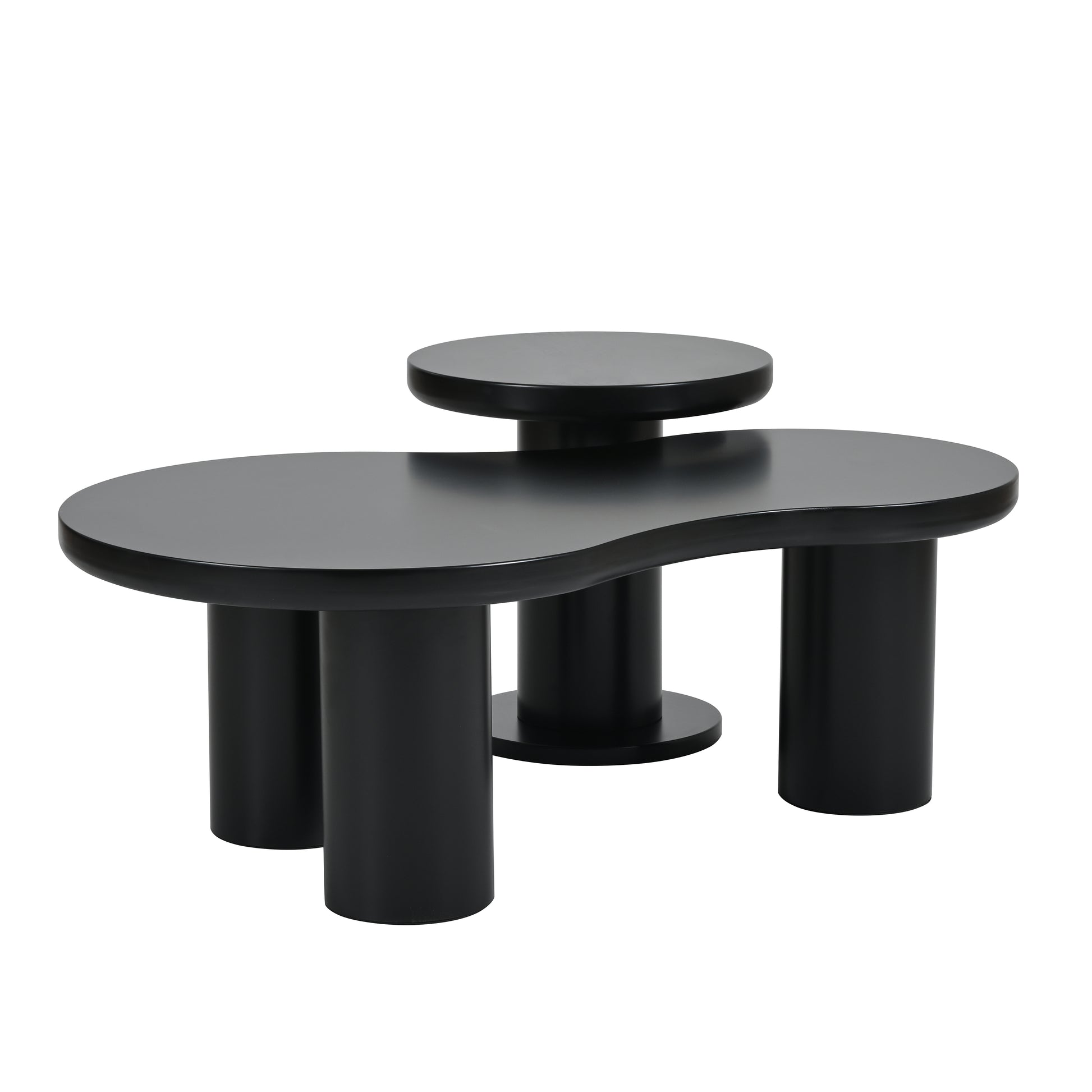 Easy Assembly Nesting Coffee Table Set Of 2, Cream Style Cloud Coffee Table With Round Small Side Table, Irregular Center Table With Thick Legs For Living Room, Black, 39.3''X 13.7'', 15.7'' Black