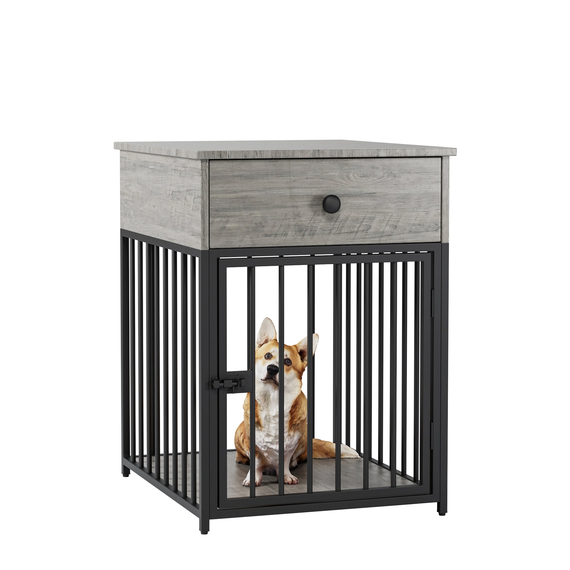 Dog Crate Furniture, Dog House, Decorative Dog Kennel With Drawer, Indoor Pet Crate End Table For Small Dog, Iron Tube Dog Cage, Chew Proof Gray Mdf