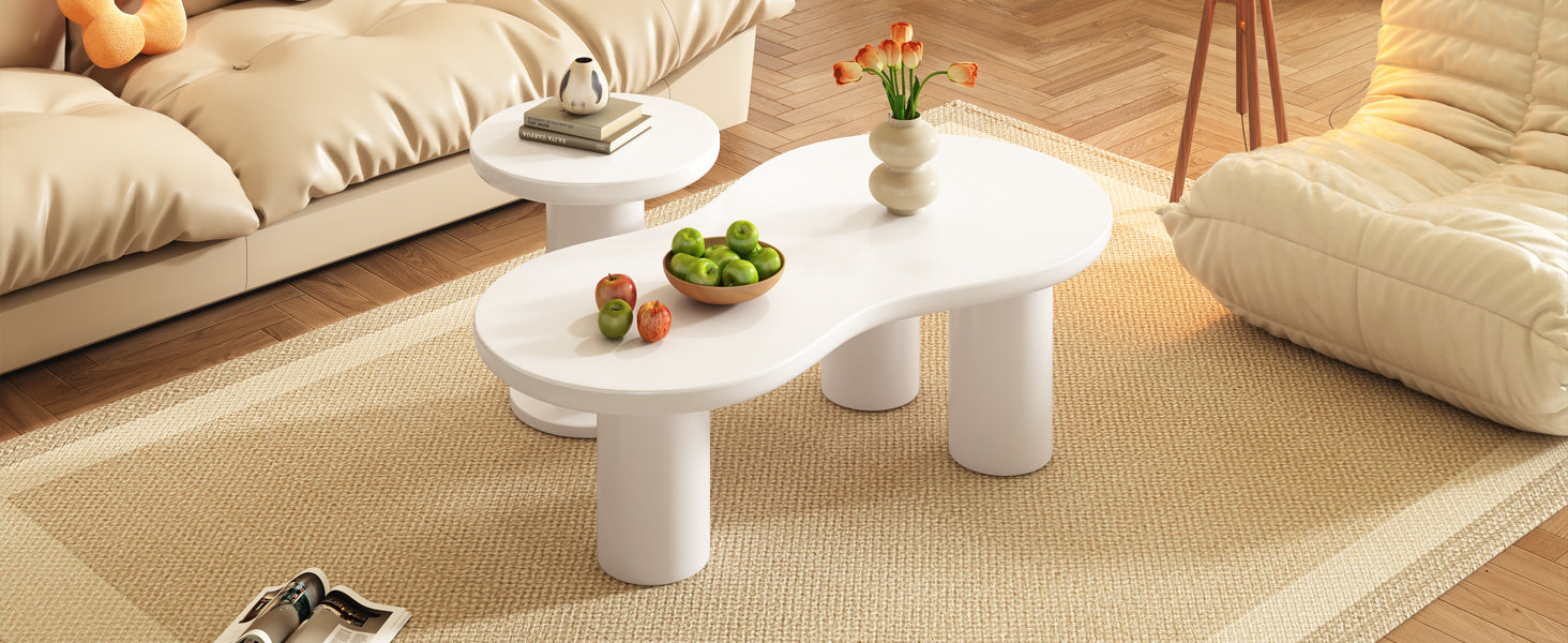 Easy Assembly Nesting Coffee Table Set Of 2, Cream Style Cloud Coffee Table With Round Small Side Table, Irregular Center Table With Thick Legs For Living Room, White, 39.3''X 13.7'', 15.7'' White