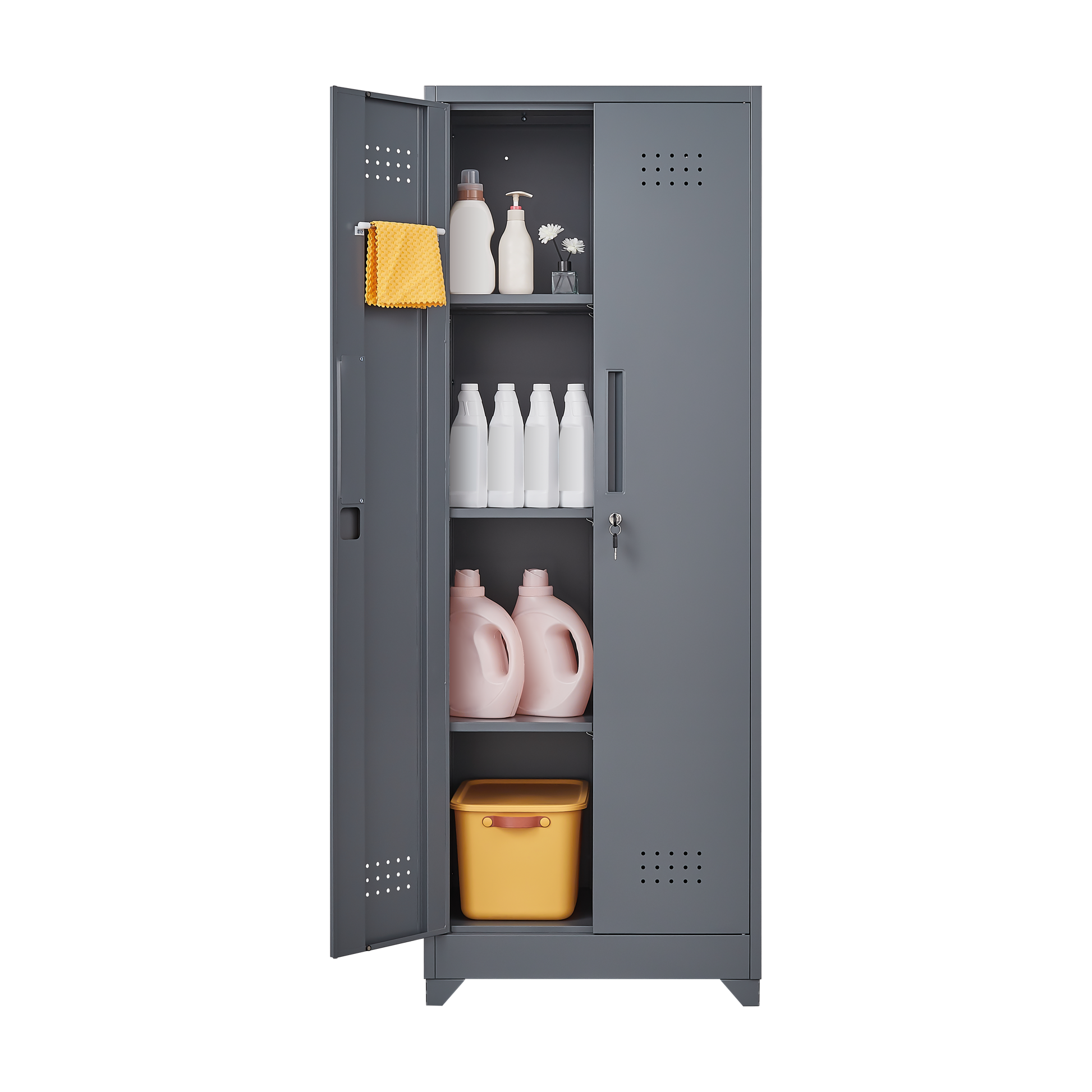 Metal Storage Cabinets, Cleaning Tool Cabinet With Locking Door, Tall Broom Tool Organizer And Storage, Large Storage Cabinet For Kitchen, Pantry, Office, Shop 3 4 Shelves Grey Door Locks Modern Metal