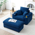 Oversized Accent Chair With Ottoman, Single Sofa Chair With Large Seat And Extra Wide Armrests, Modern Comfy Armchair Reading Chairs For Bedroom Living Room,Blue Blue Fabric 1 Seat