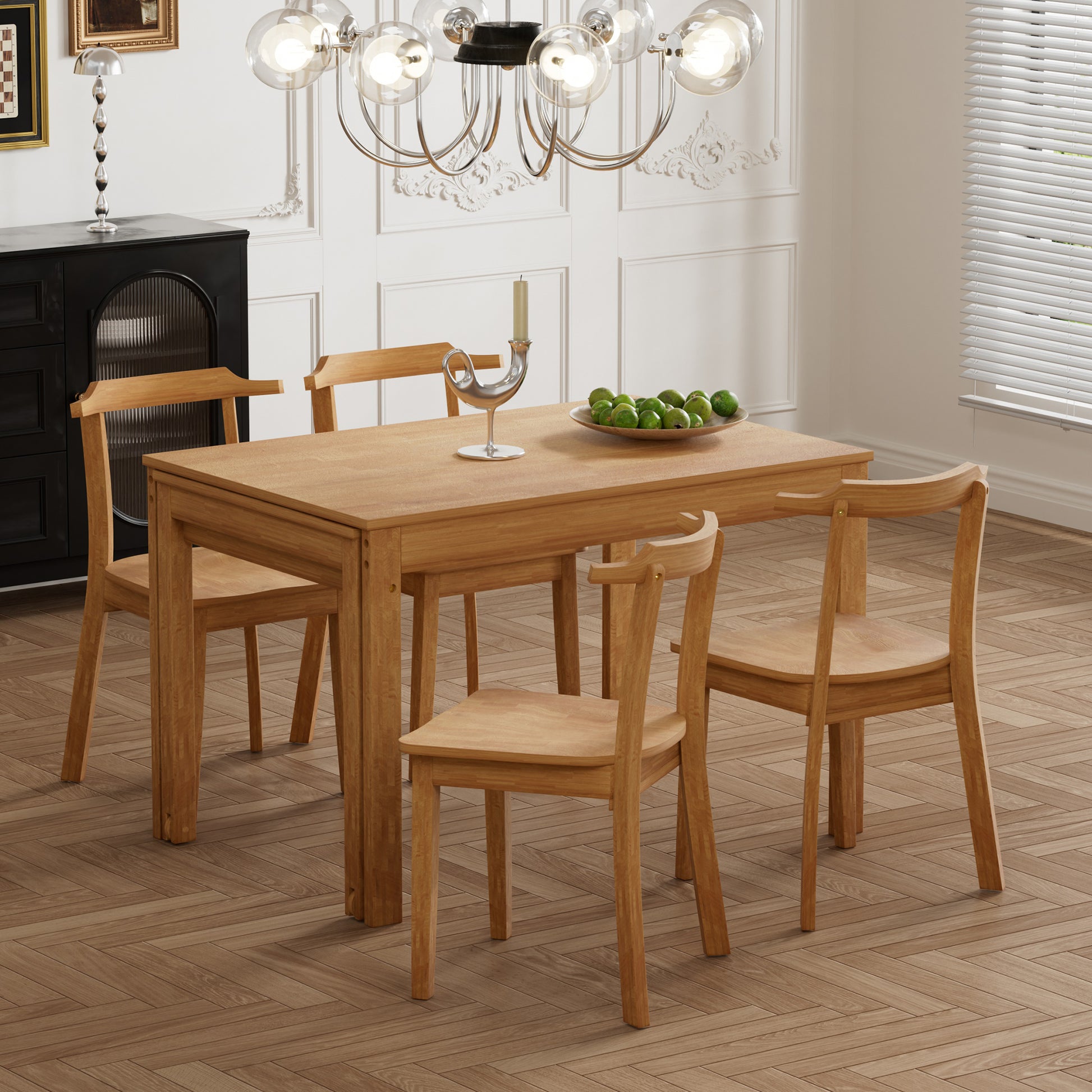 Farmhouse 65" 5 Piece Extendable Dining Table Set With Wheels Kitchen Table Set With 17.7" Pull Out Side Table And Dining Chairs For Small Places, Natural Wood Wood Natural Solid Back Wood Dining Room Solid Wood Rubberwood Rectangular Rectangular Dining