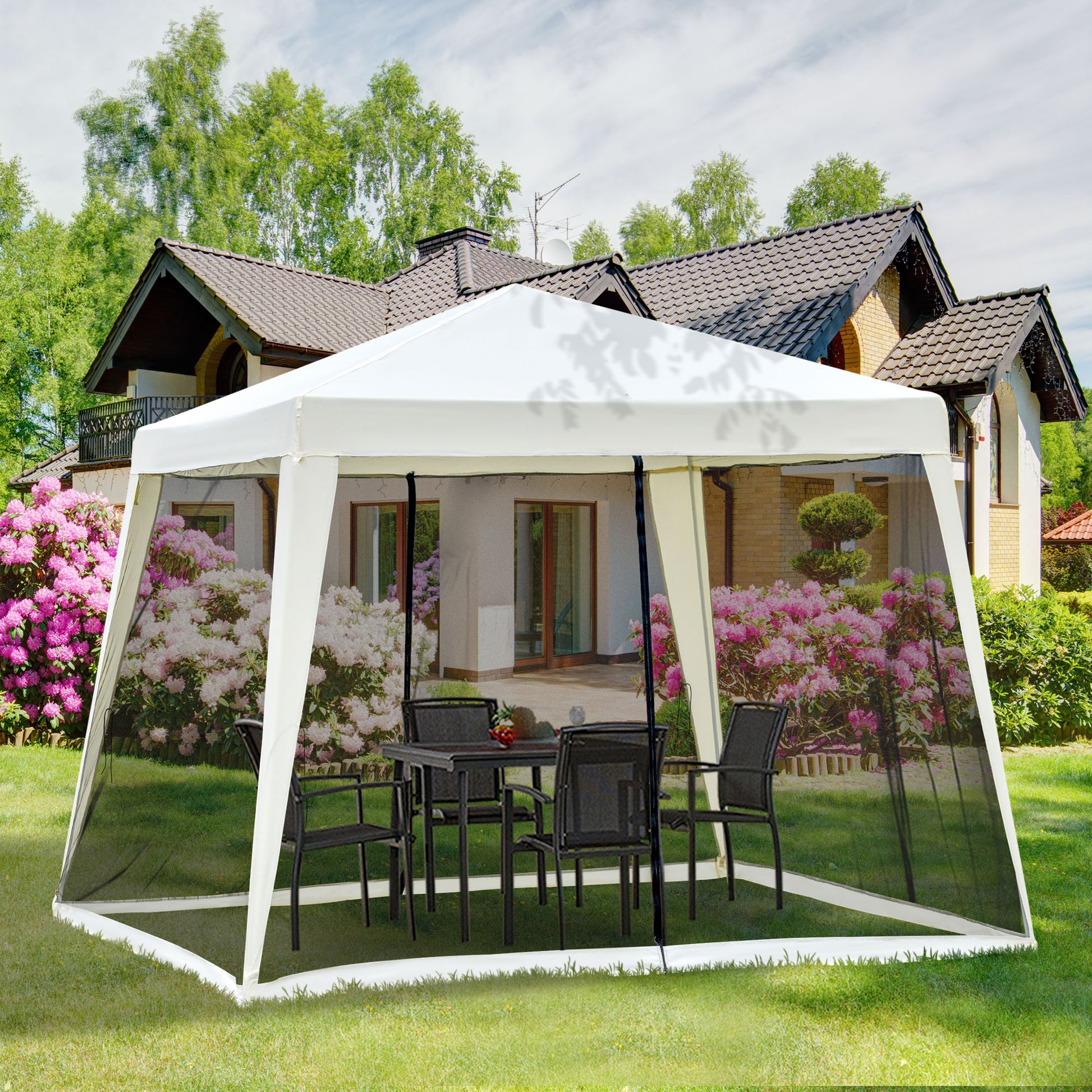 Outsunny 10'X10' Outdoor Canopy Tent, Slant Leg Sun Shelter With Mesh Sidewalls, Patio Tents For Parties, Cream White Cream White Steel