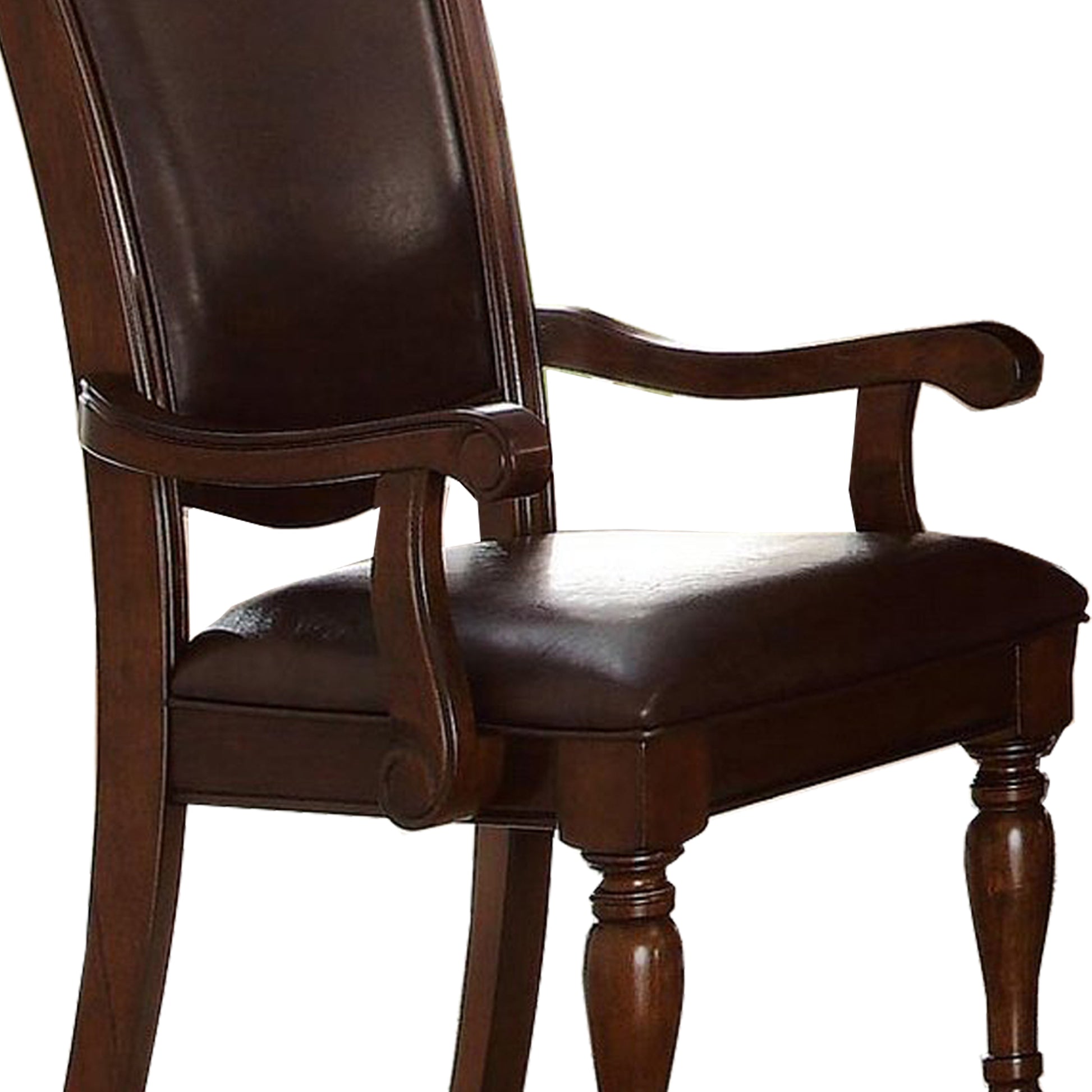 Traditional Style Wood & Leather Dining Side Arm Chair, Brown & Dark Brown, Set Of 2 Brown Wood Fabric