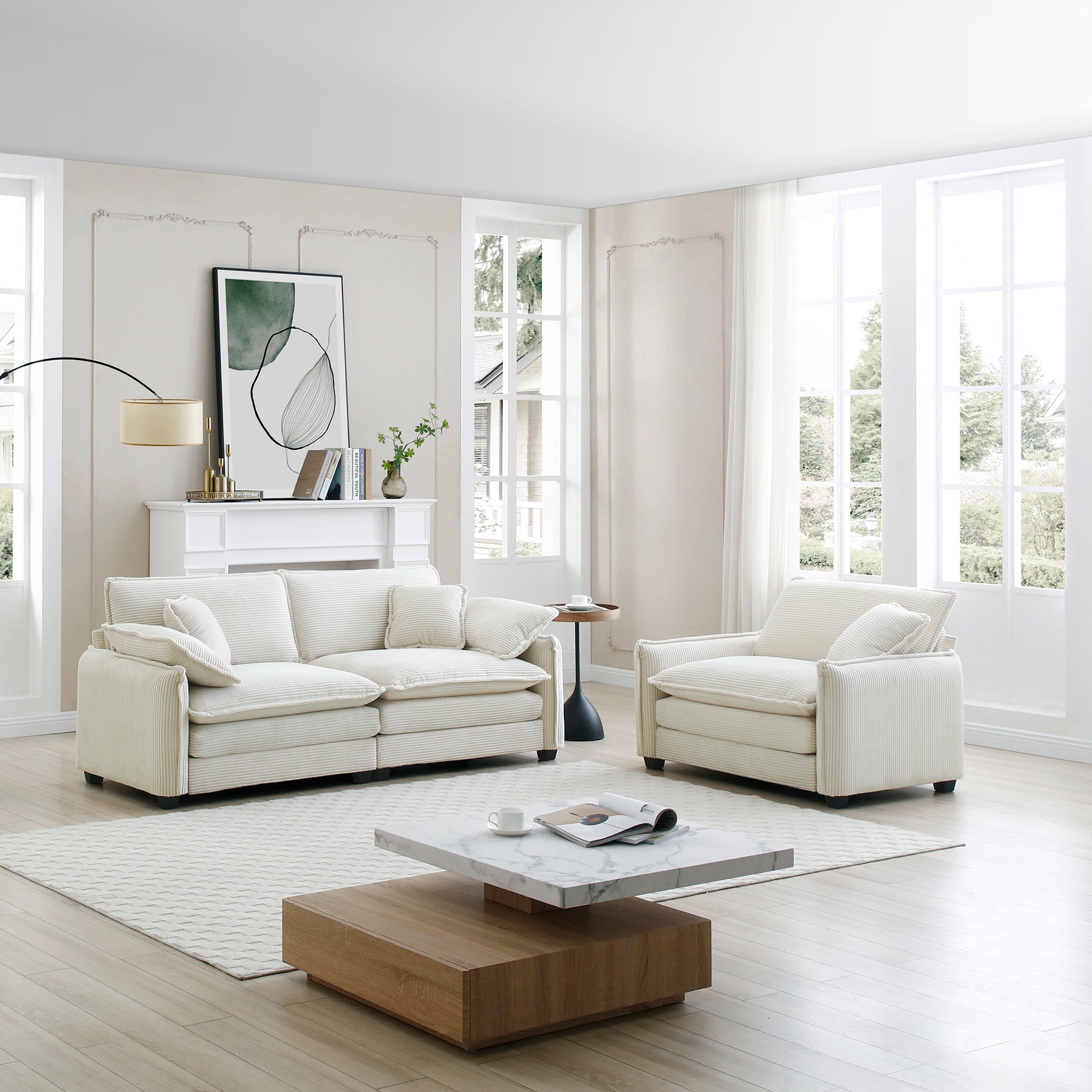 Modern Living Room Sofa Two Pieces Set, Suitable For Living Room And Small Apartment2 Pieces Sofa Set Consists Of A Single Seat Sofa And A 2 Seater Sofas, Beige Corduroy Beige Corduroy 3 Seat