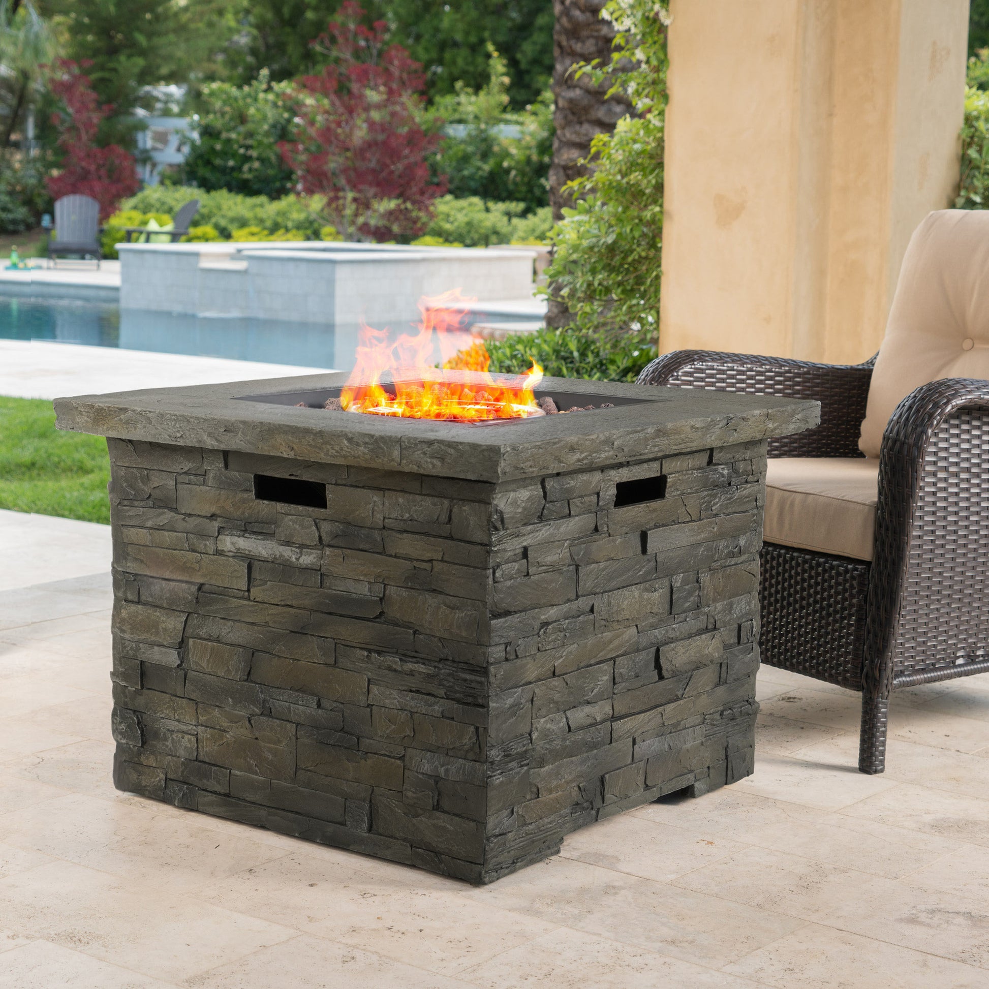 35" Square Mgo Fire Pit 40000 Btu. Stone Gray Magnesium Oxide