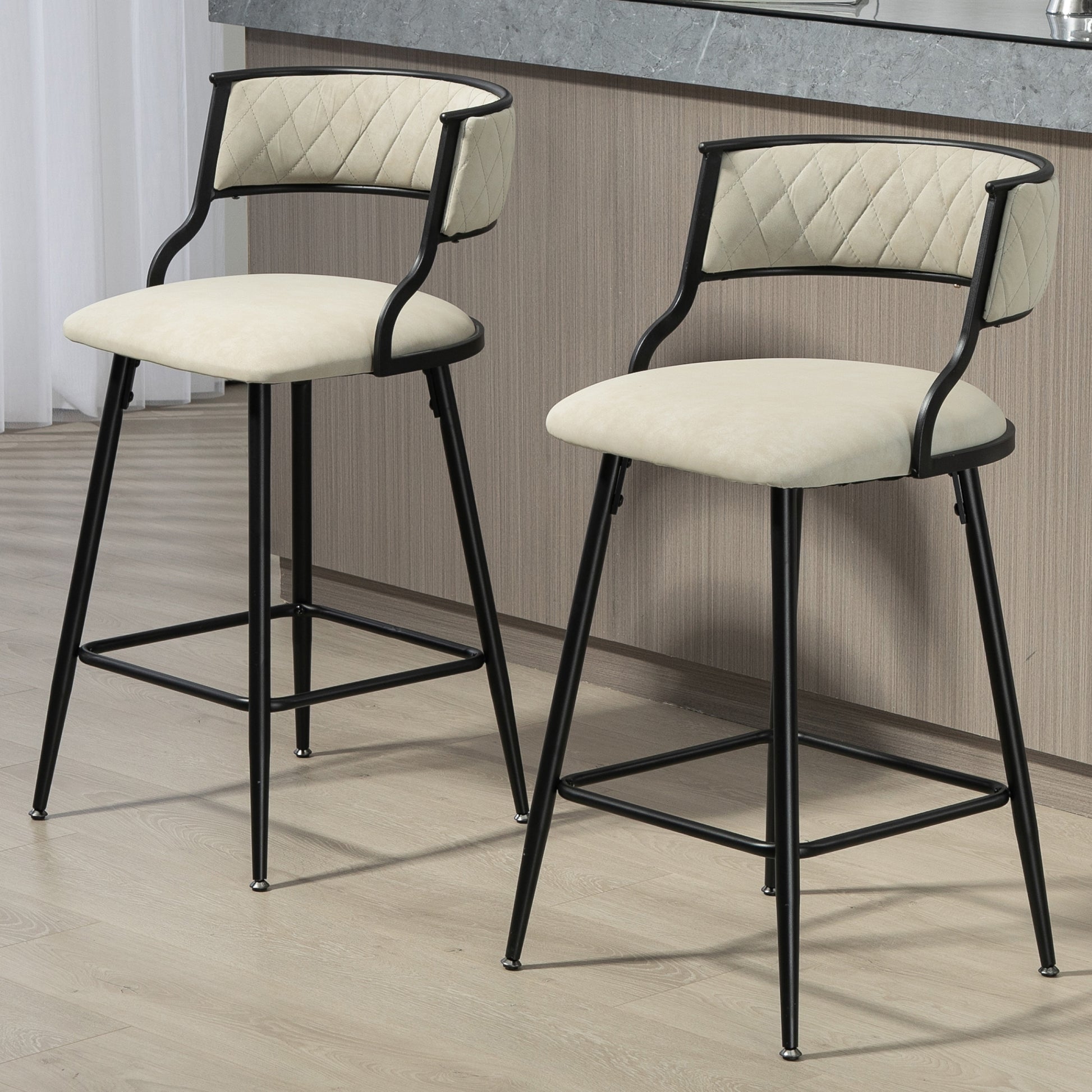 Set Of 2, 26'' Counter Height Bar Stools Pu Cover Kitchen Island Counter Bar Stool With Black Powder Coating Base And Footrest Beige Cushion Metal Beige Kitchen Foam Modern Bar Stools Open Back 1 Foam Pu