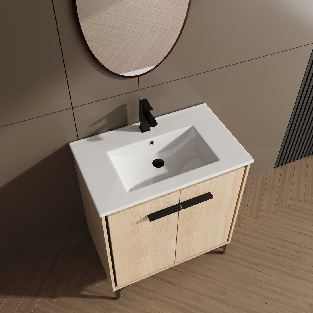 30 Inch Bathroom Vanity Base With Basin, Storage Cabinet With Doors, Engineered Wood Oak Bathroom American Design Ceramic Engineered Wood