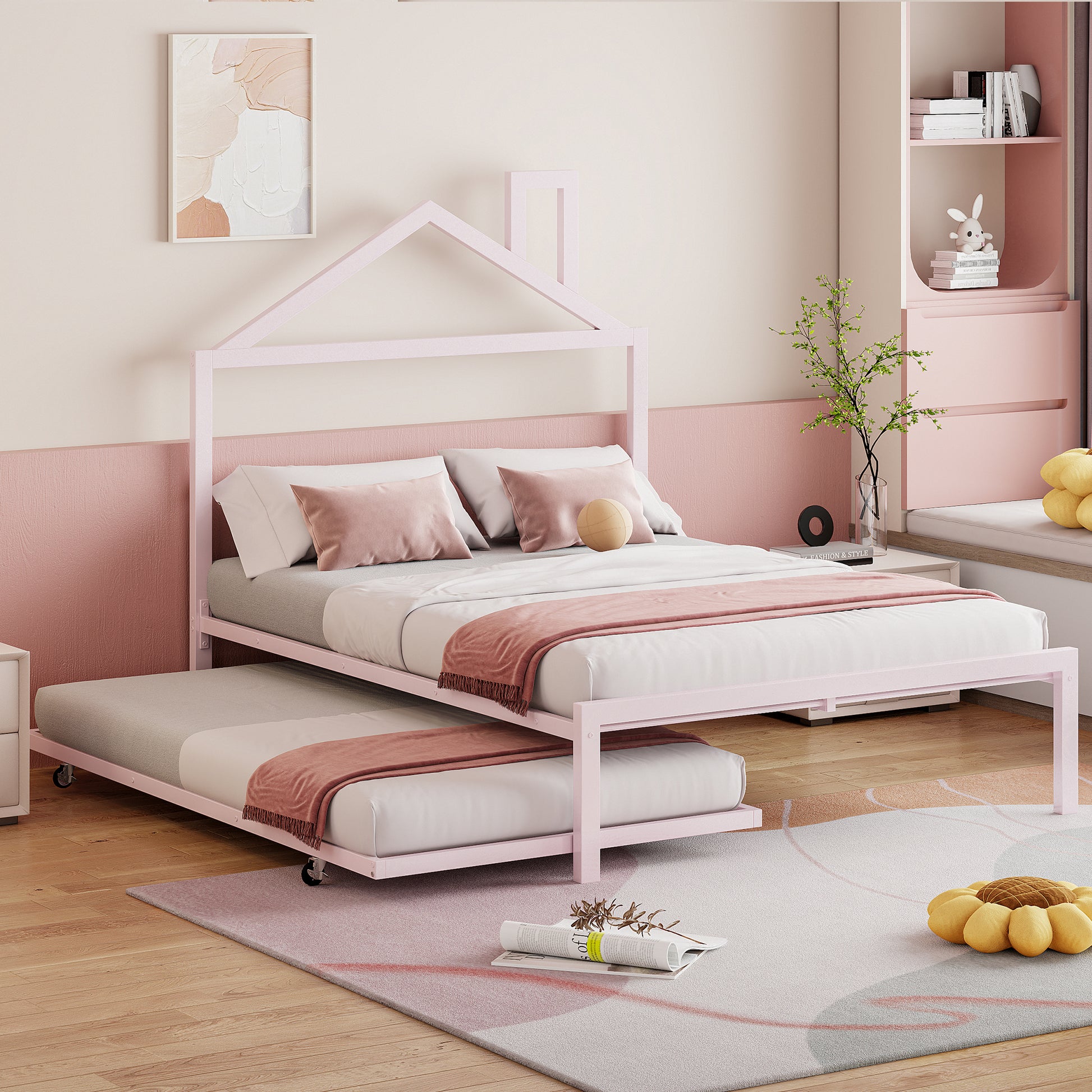 Full Size Metal Platform Bed With Twin Size Trundle,House Shaped Headboard Design, Pink Full Pink Metal