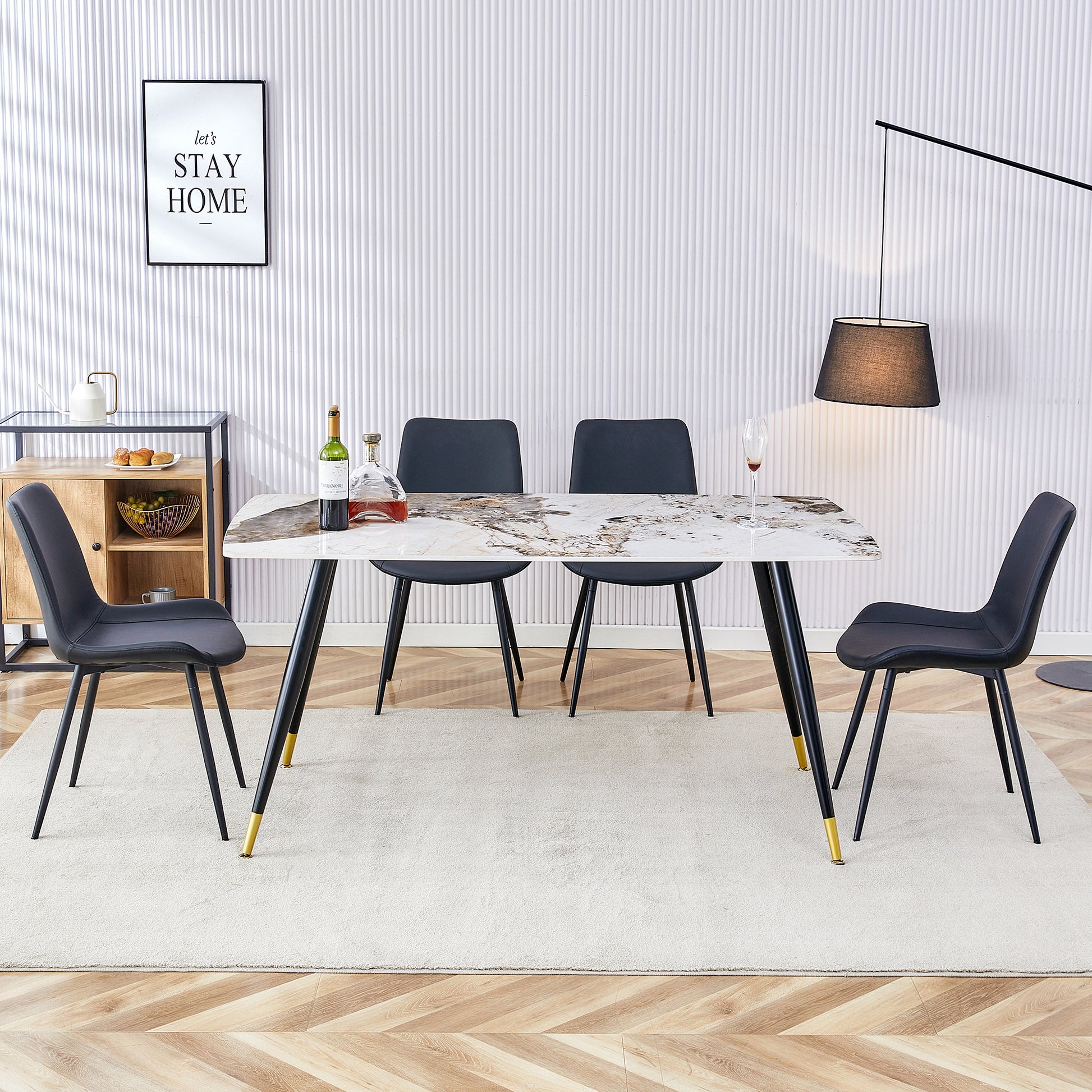 Table And Chair Set, Imitation Marble Texture Rock Board Table Top, Black Metal Table Legs, Stable And Beautiful. Modern Simple Dining Table, Comfortable Seating. White Black Seats 4 Metal