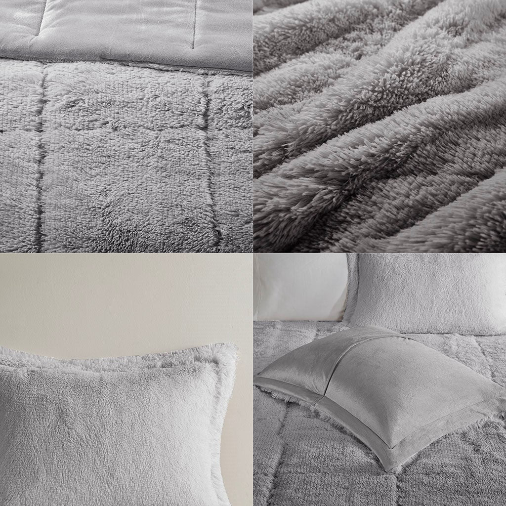 Ombre Shaggy Long Fur Comforter Mini Set King Grey Polyester