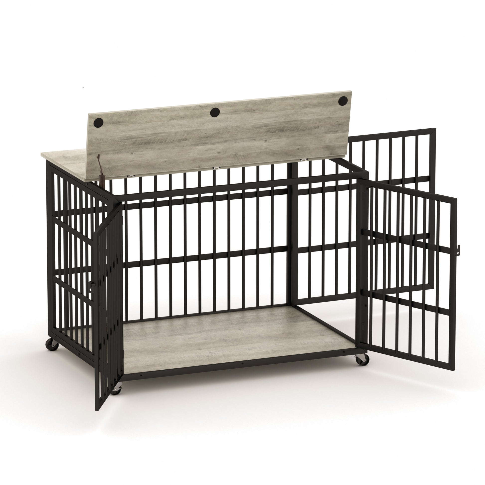 Furniture Style Dog Crate Wrought Iron Frame Door With Side Openings, Grey, 38.4''W X 27.7''D X 30.2''H. Grey Particle Board