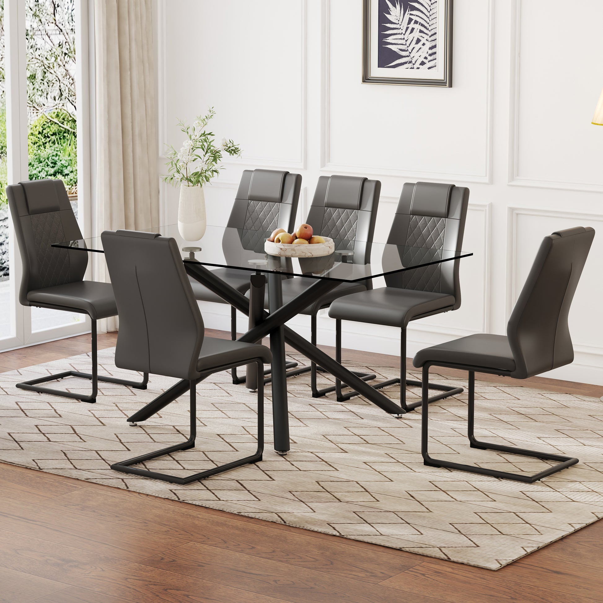 Table And Chair Set.Modern Rectangular Glass Dining Table With 0.39" Tempered Glass Tabletop And Black Metal Legs.Paired With Multiple Chairs Designed With Pu Cushions And Black Metal Legs. Black Grey Seats 6 Tempered Glass