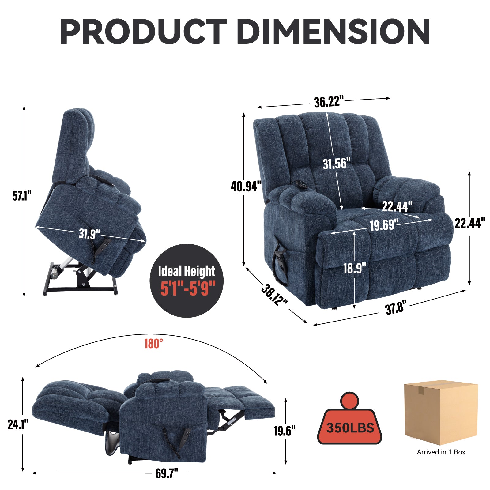 Dual Motor Heat Massage Infinite Position Up To 350 Lbs Electric Power Lift Recliners With Power Remote, Medium Firm And Heavy Duty, Blue Blue Chenille Power Remote Metal Primary Living Space Medium Firm Pillow Back Heavy Duty American Design Pine Pillow