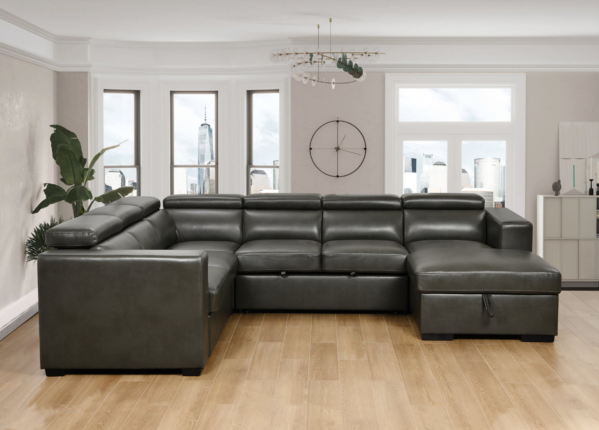 123" Modern U Shaped 7 Seat Sectional Sofa Couch With Adjustable Headrest, Sofa Bed With Storage Chaise Pull Out Couch Bed For Living Room ,Gray Light Brown Wood Primary Living Space Heavy Duty Eucalyptus 7 Seat Gray Faux Leather Soft Cushion Back Modern