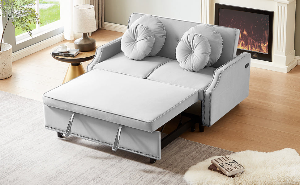 54.7" Multiple Adjustable Positions Sofa Bed Stylish Sofa Bed With A Button Tufted Backrest, Two Usb Ports And Four Floral Lumbar Pillows For Living Room, Bedroom,Or Small Space, Light Grey Light Grey Foam Polyester 2 Seat